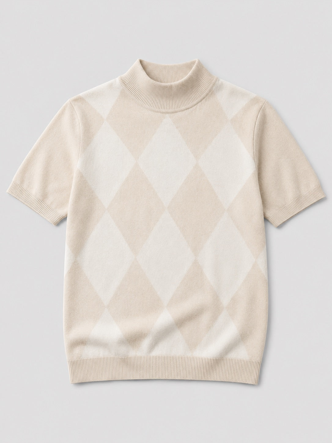 Men’s Argyle Roll Neck T-Shirt Slim Fit Diamond Lattice Short Sleeve Knit Winter Top for Business Casual
