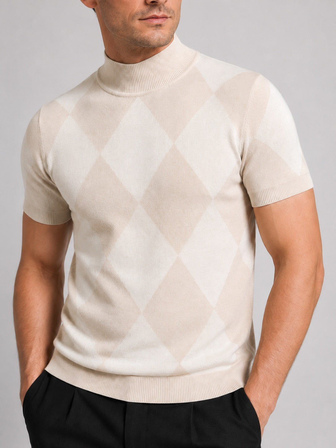 Men’s Argyle Roll Neck T-Shirt Slim Fit Diamond Lattice Short Sleeve Knit Winter Top for Business Casual