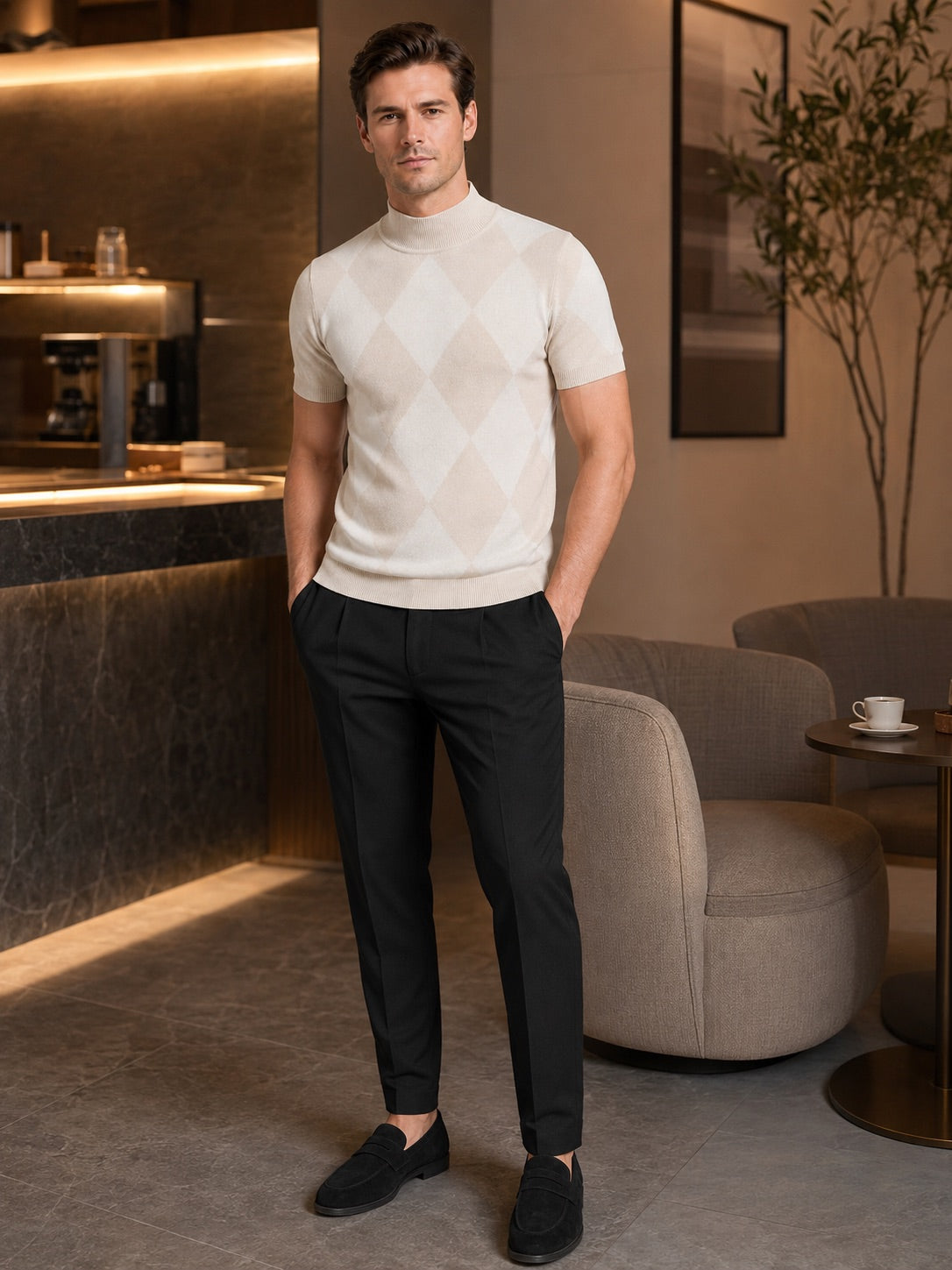Men’s Argyle Roll Neck T-Shirt Slim Fit Diamond Lattice Short Sleeve Knit Winter Top for Business Casual