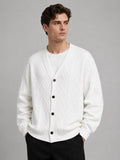 Men’s Cable Knit Cardigan Jumper V-Neck Diamond Pattern Oversized Autumn Winter Layer for Casual and Everyday Wear