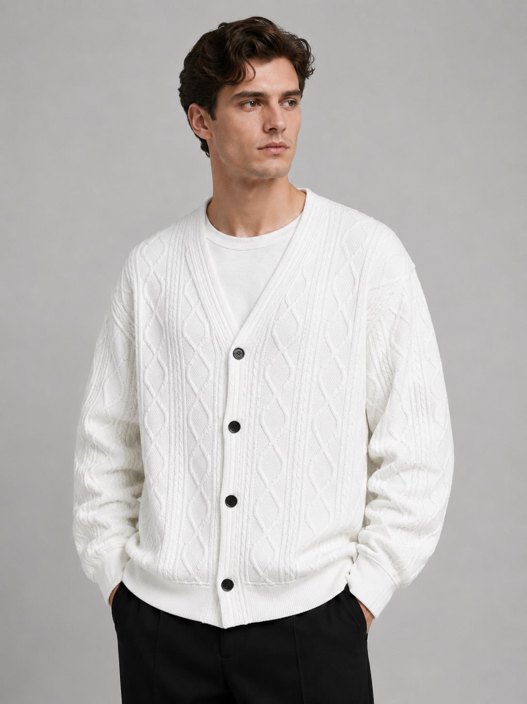 Men’s Cable Knit Cardigan Jumper V-Neck Diamond Pattern Oversized Autumn Winter Layer for Casual and Everyday Wear