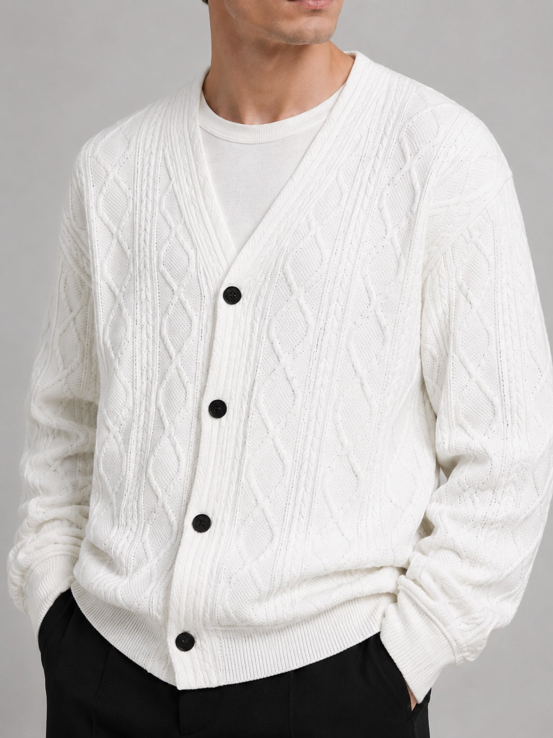 Men’s Cable Knit Cardigan Jumper V-Neck Diamond Pattern Oversized Autumn Winter Layer for Casual and Everyday Wear