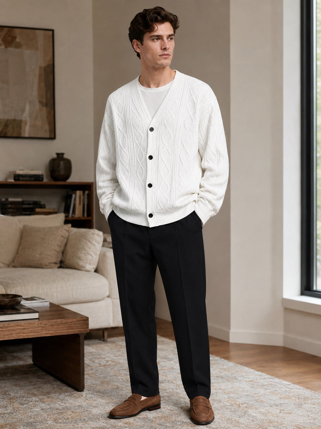 Men’s Cable Knit Cardigan Jumper V-Neck Diamond Pattern Oversized Autumn Winter Layer for Casual and Everyday Wear