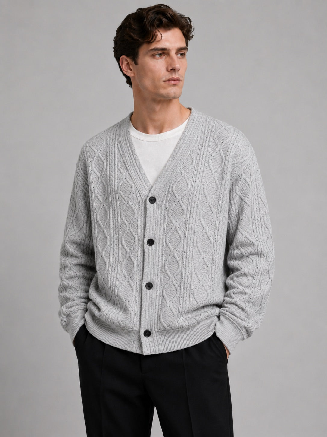 Men’s Cable Knit Cardigan Jumper V-Neck Diamond Pattern Oversized Autumn Winter Layer for Casual and Everyday Wear