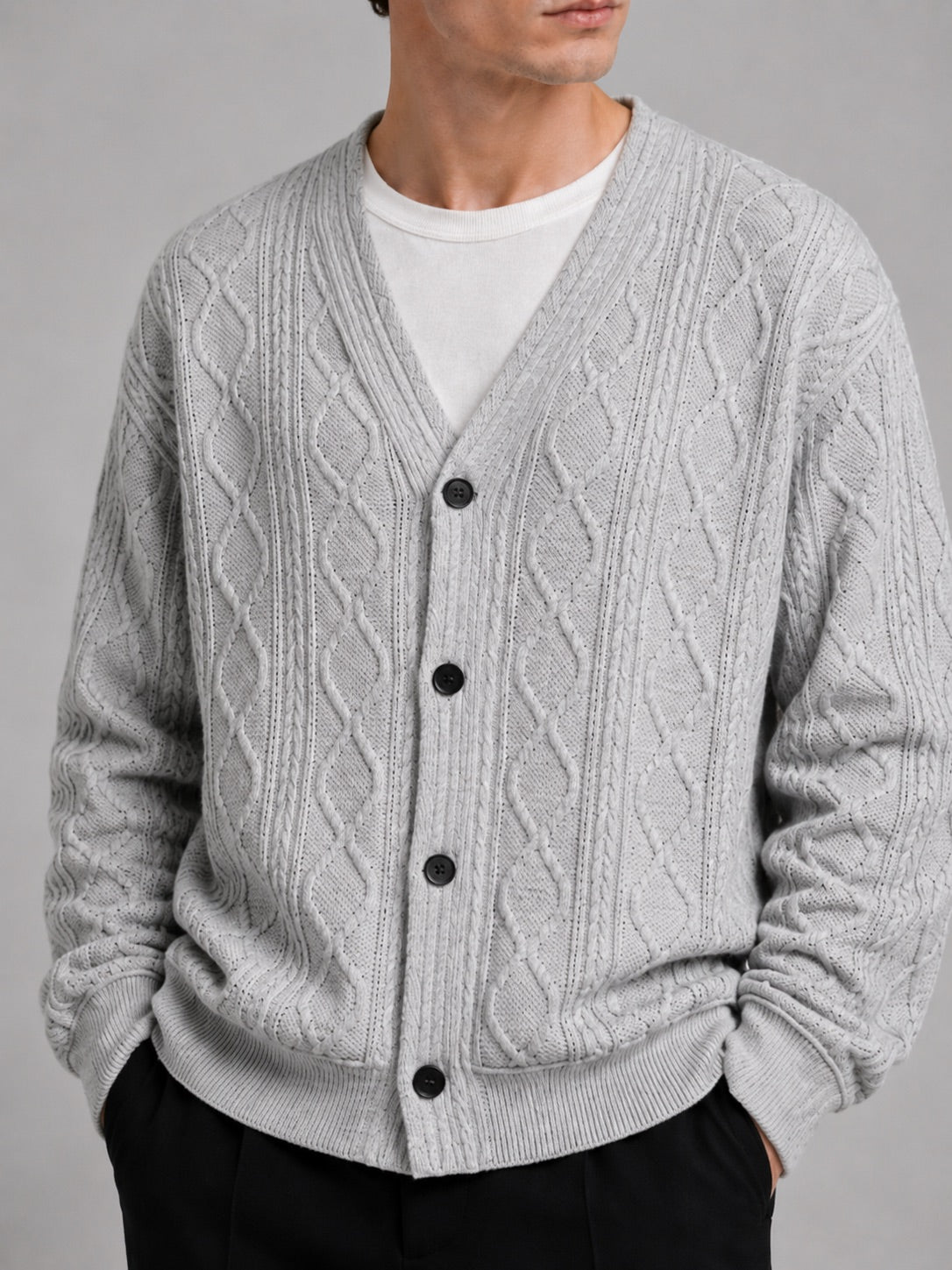 Men’s Cable Knit Cardigan Jumper V-Neck Diamond Pattern Oversized Autumn Winter Layer for Casual and Everyday Wear