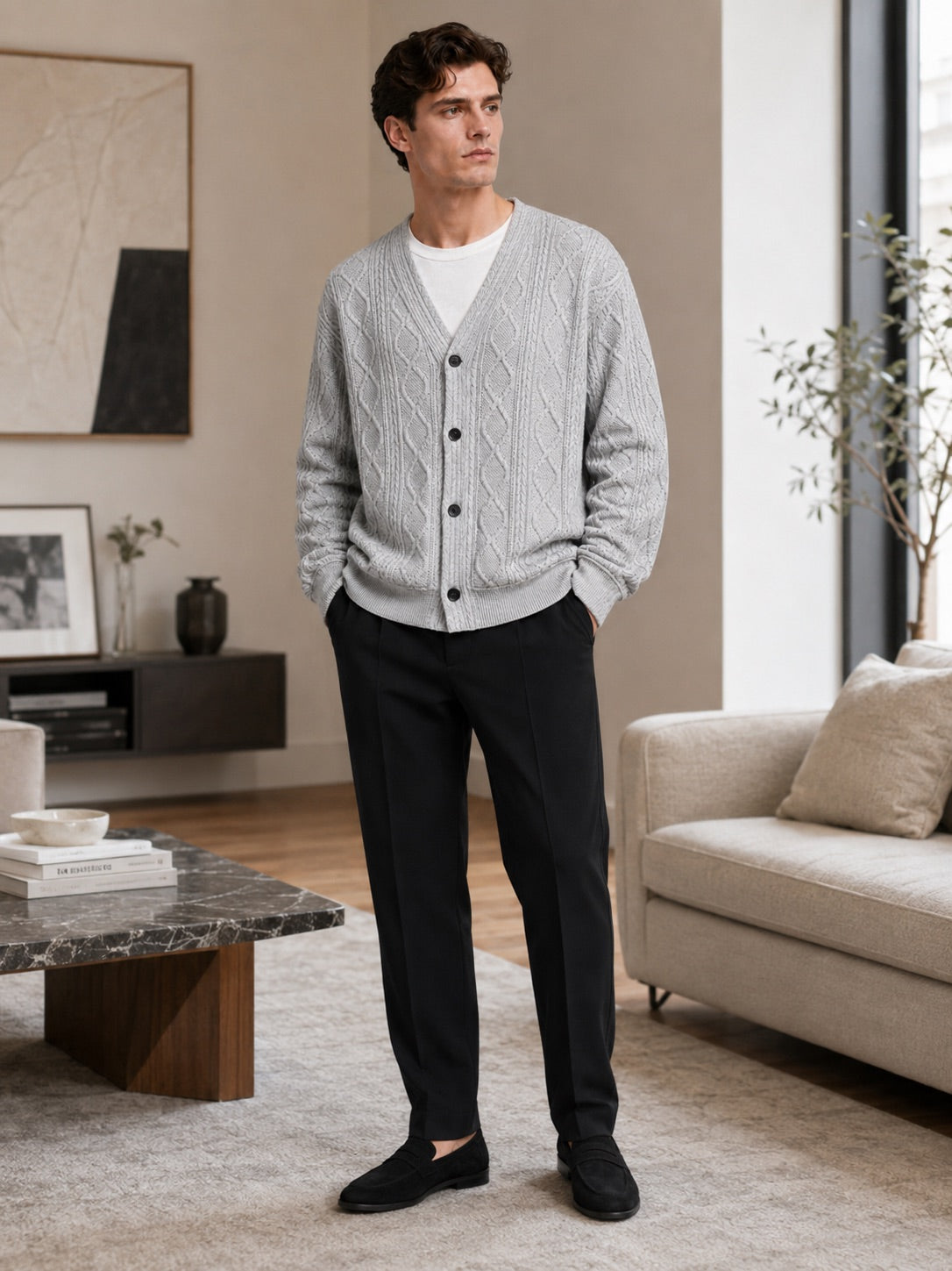 Men’s Cable Knit Cardigan Jumper V-Neck Diamond Pattern Oversized Autumn Winter Layer for Casual and Everyday Wear
