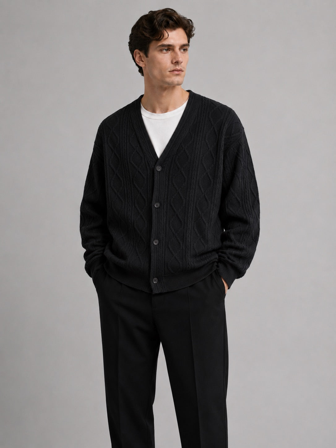 Men’s Cable Knit Cardigan Jumper V-Neck Diamond Pattern Oversized Autumn Winter Layer for Casual and Everyday Wear
