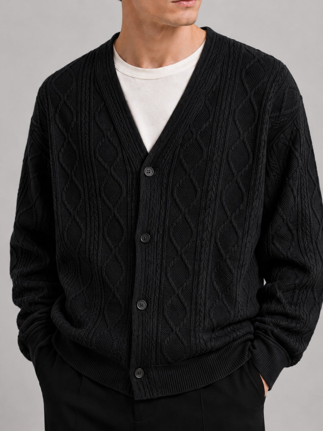 Men’s Cable Knit Cardigan Jumper V-Neck Diamond Pattern Oversized Autumn Winter Layer for Casual and Everyday Wear
