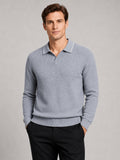 Men’s Wool Johnny Collar Polo Jumper Long Sleeve Knit Autumn Winter Top for Business Casual and Everyday Wear