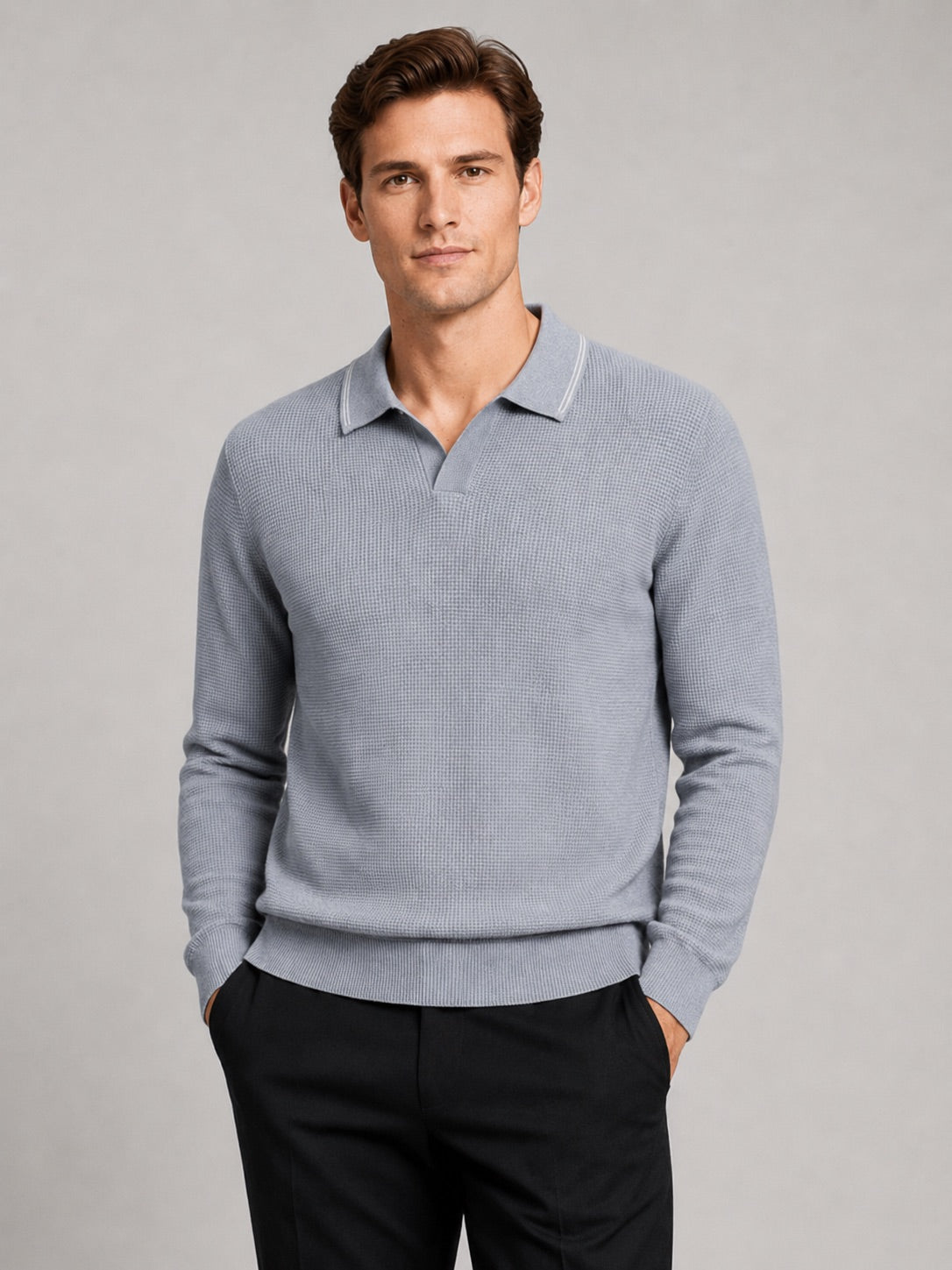 Men’s Wool Johnny Collar Polo Jumper Long Sleeve Knit Autumn Winter Top for Business Casual and Everyday Wear