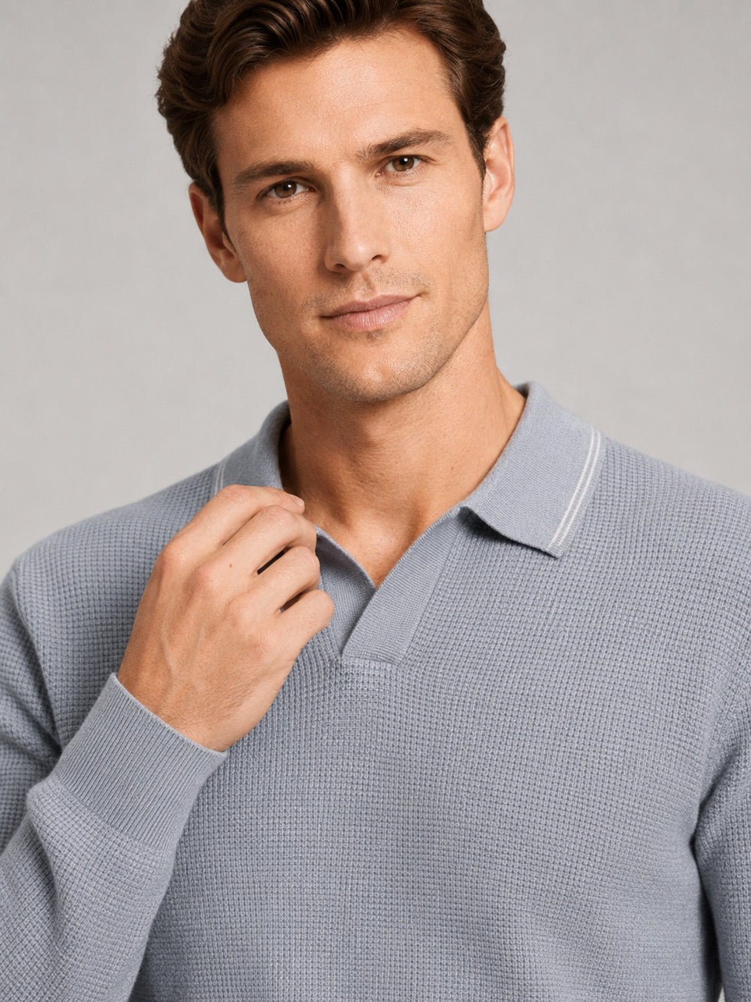 Men’s Wool Johnny Collar Polo Jumper Long Sleeve Knit Autumn Winter Top for Business Casual and Everyday Wear