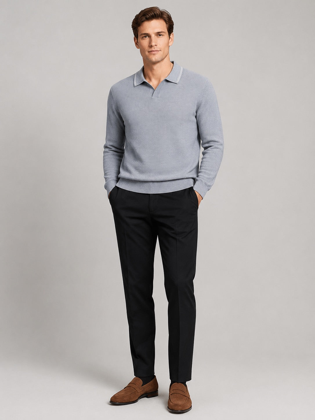 Men’s Wool Johnny Collar Polo Jumper Long Sleeve Knit Autumn Winter Top for Business Casual and Everyday Wear