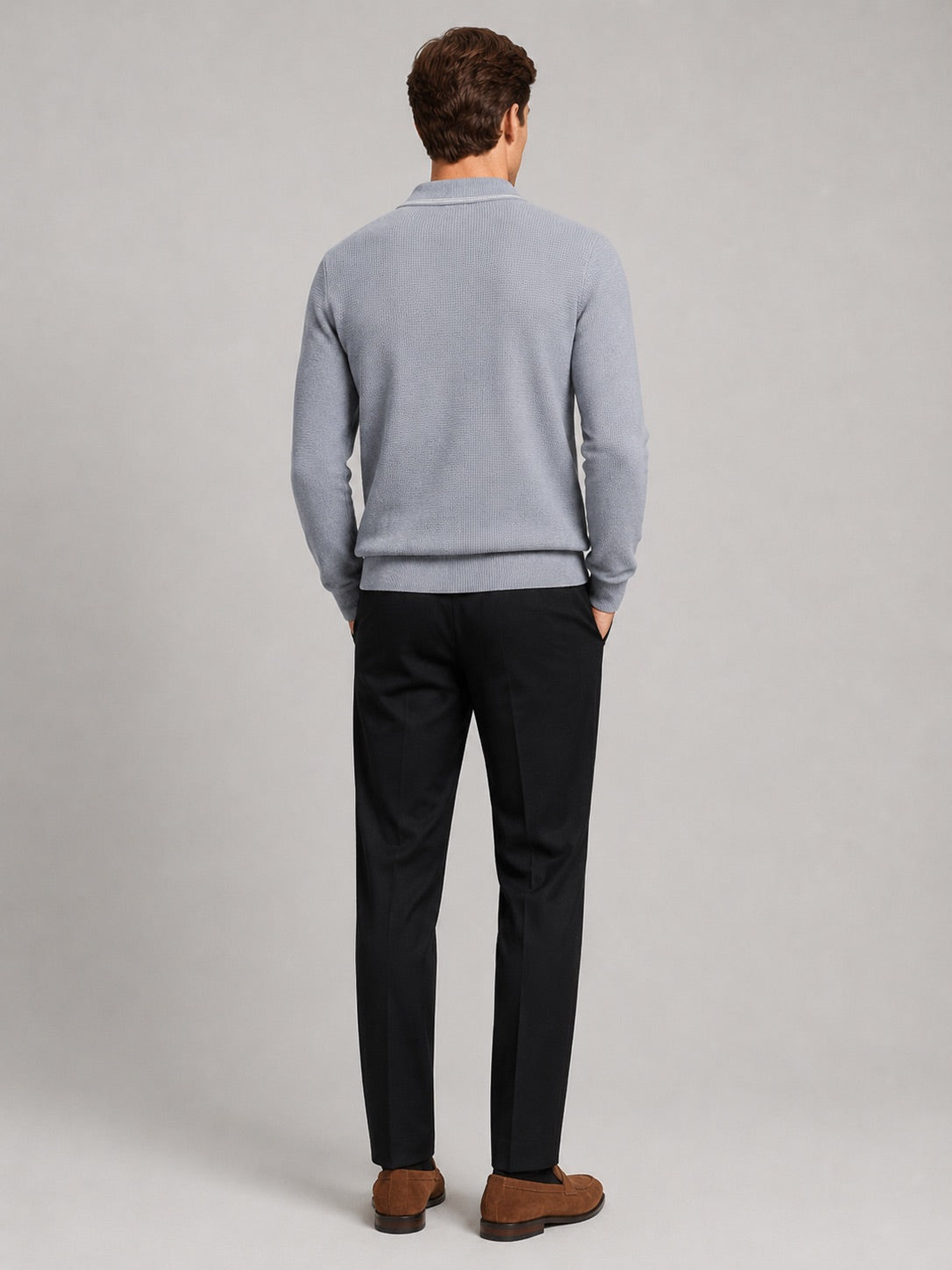 Men’s Wool Johnny Collar Polo Jumper Long Sleeve Knit Autumn Winter Top for Business Casual and Everyday Wear