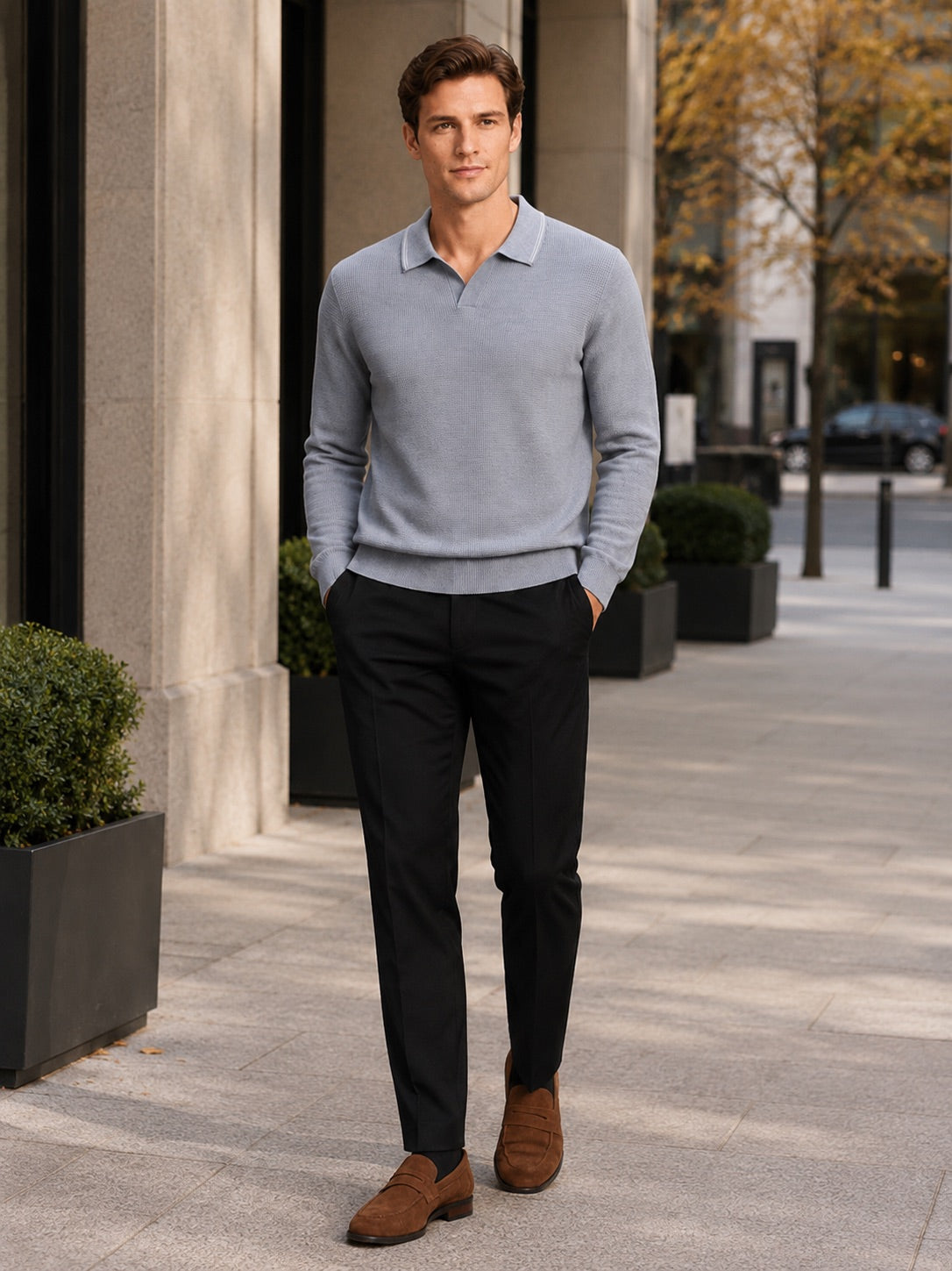 Men’s Wool Johnny Collar Polo Jumper Long Sleeve Knit Autumn Winter Top for Business Casual and Everyday Wear