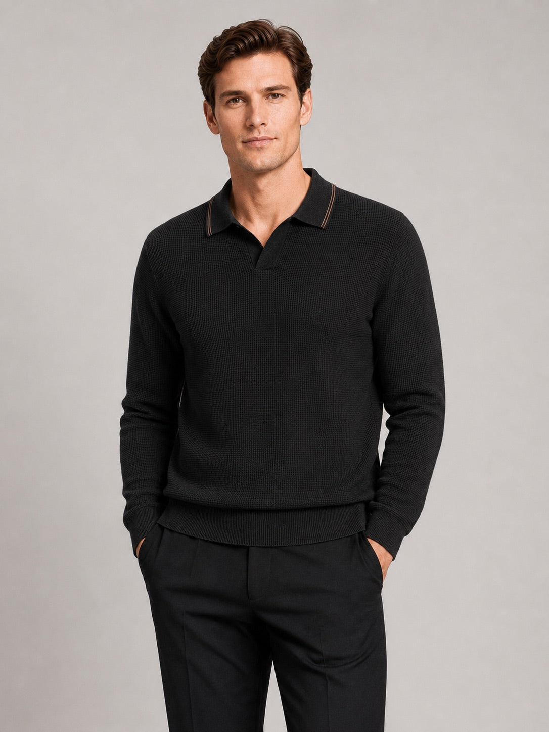 Men’s Wool Johnny Collar Polo Jumper Long Sleeve Knit Autumn Winter Top for Business Casual and Everyday Wear