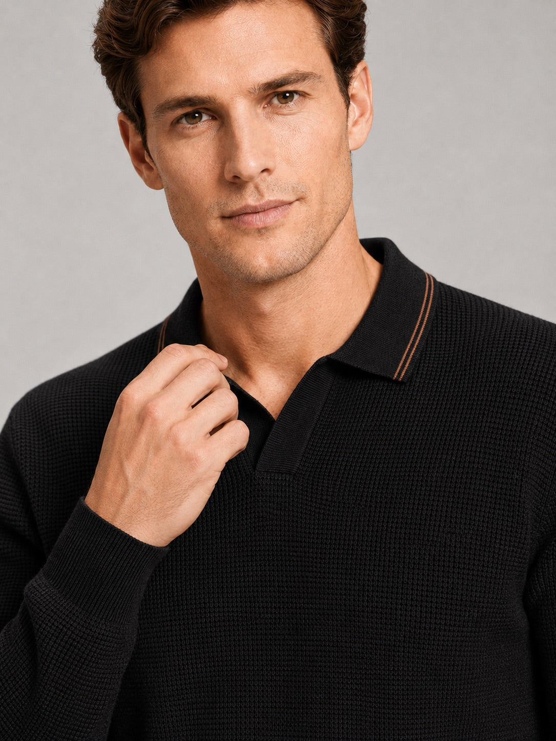 Men’s Wool Johnny Collar Polo Jumper Long Sleeve Knit Autumn Winter Top for Business Casual and Everyday Wear