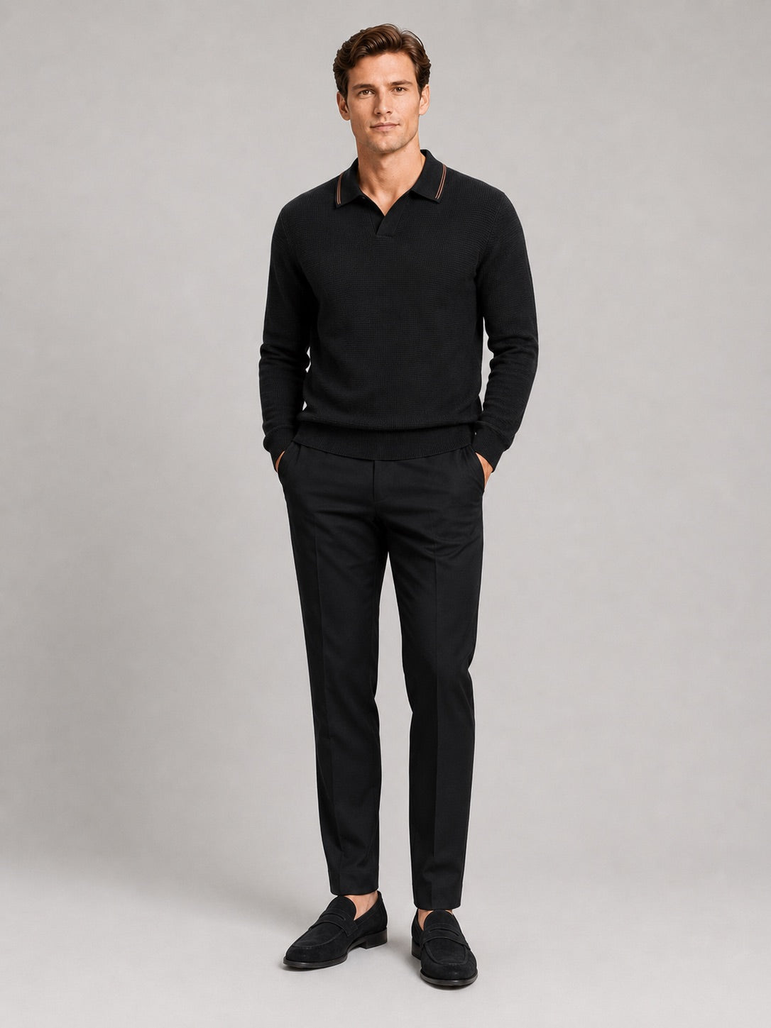 Men’s Wool Johnny Collar Polo Jumper Long Sleeve Knit Autumn Winter Top for Business Casual and Everyday Wear