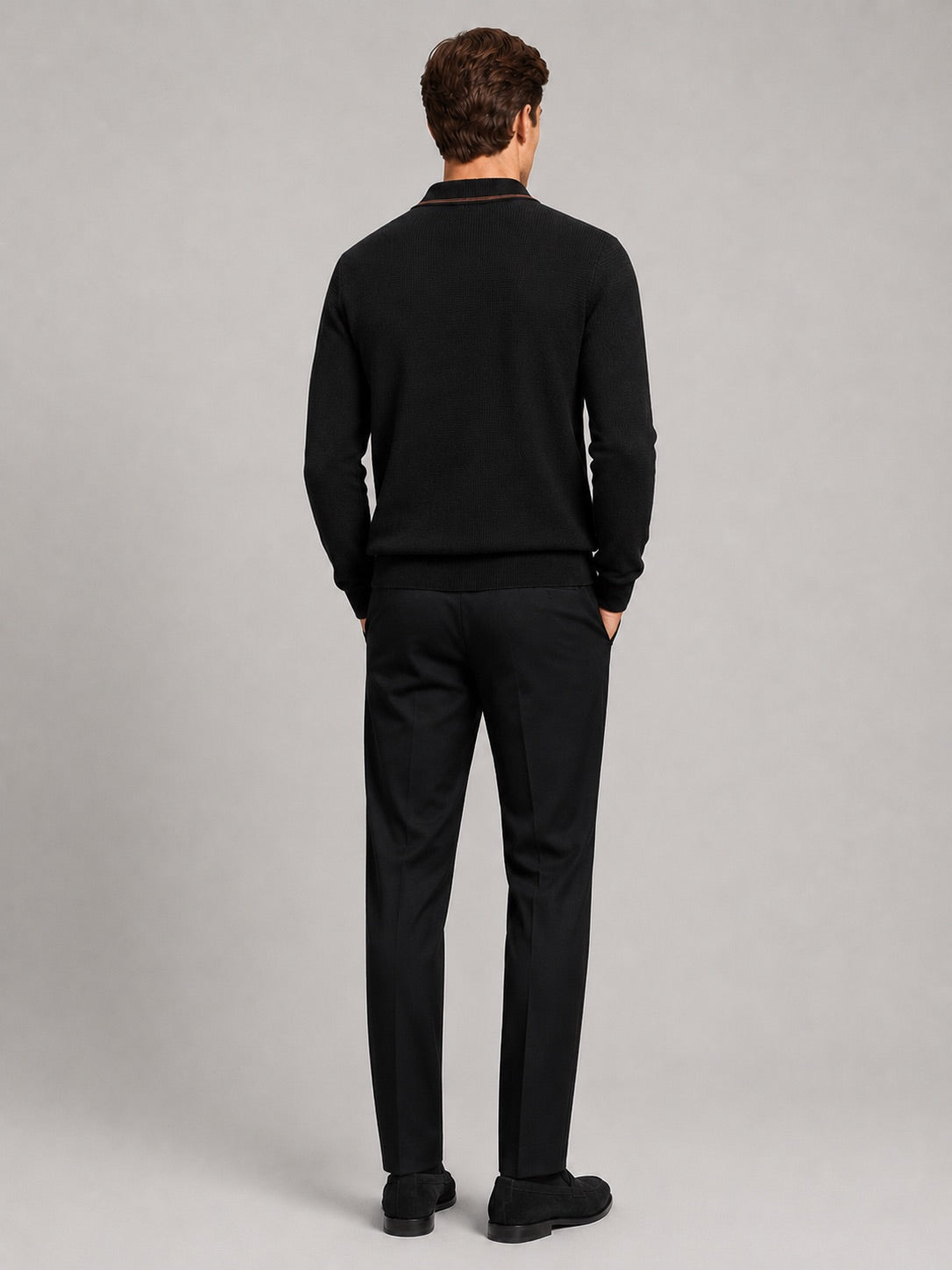Men’s Wool Johnny Collar Polo Jumper Long Sleeve Knit Autumn Winter Top for Business Casual and Everyday Wear