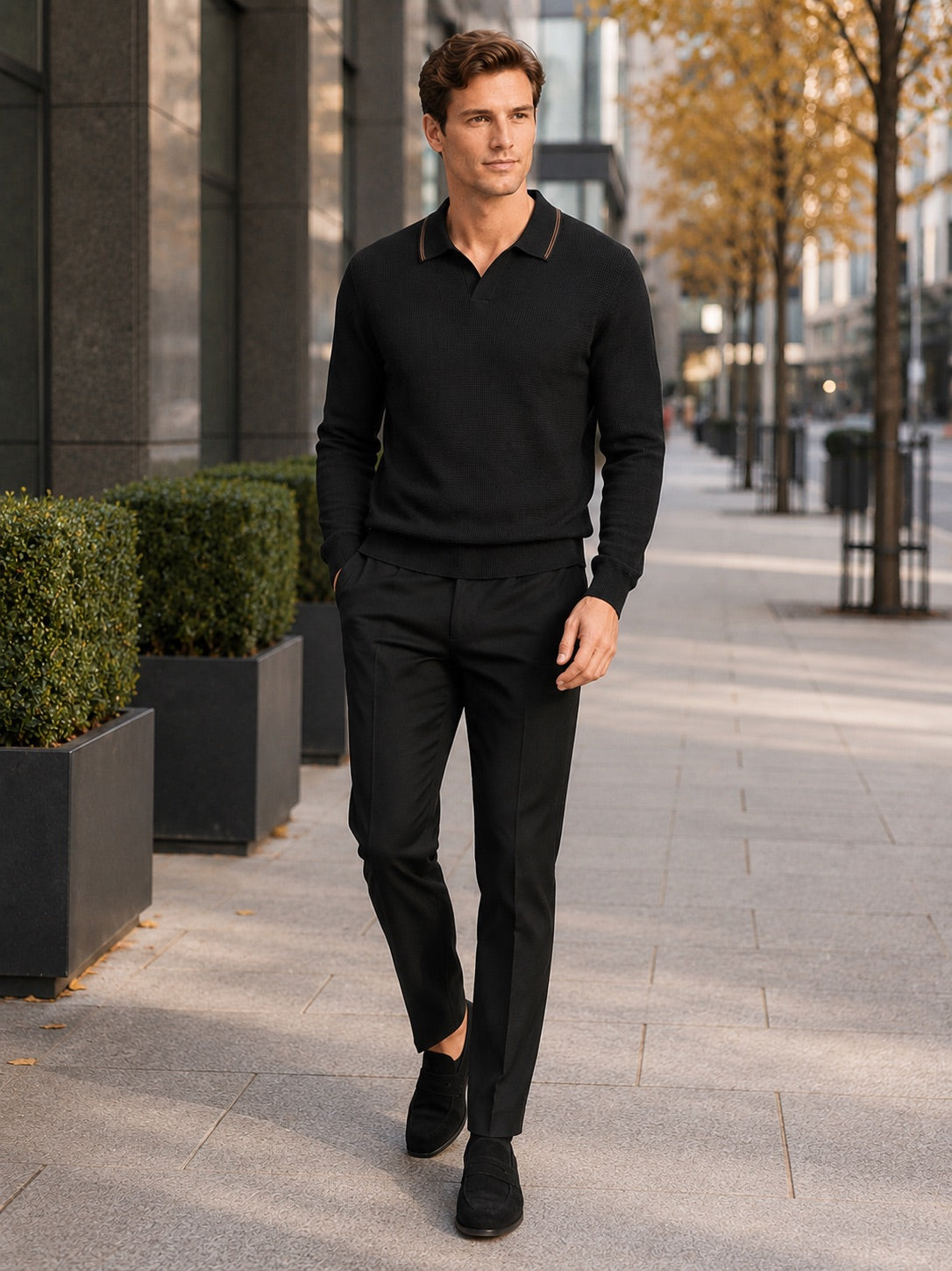 Men’s Wool Johnny Collar Polo Jumper Long Sleeve Knit Autumn Winter Top for Business Casual and Everyday Wear