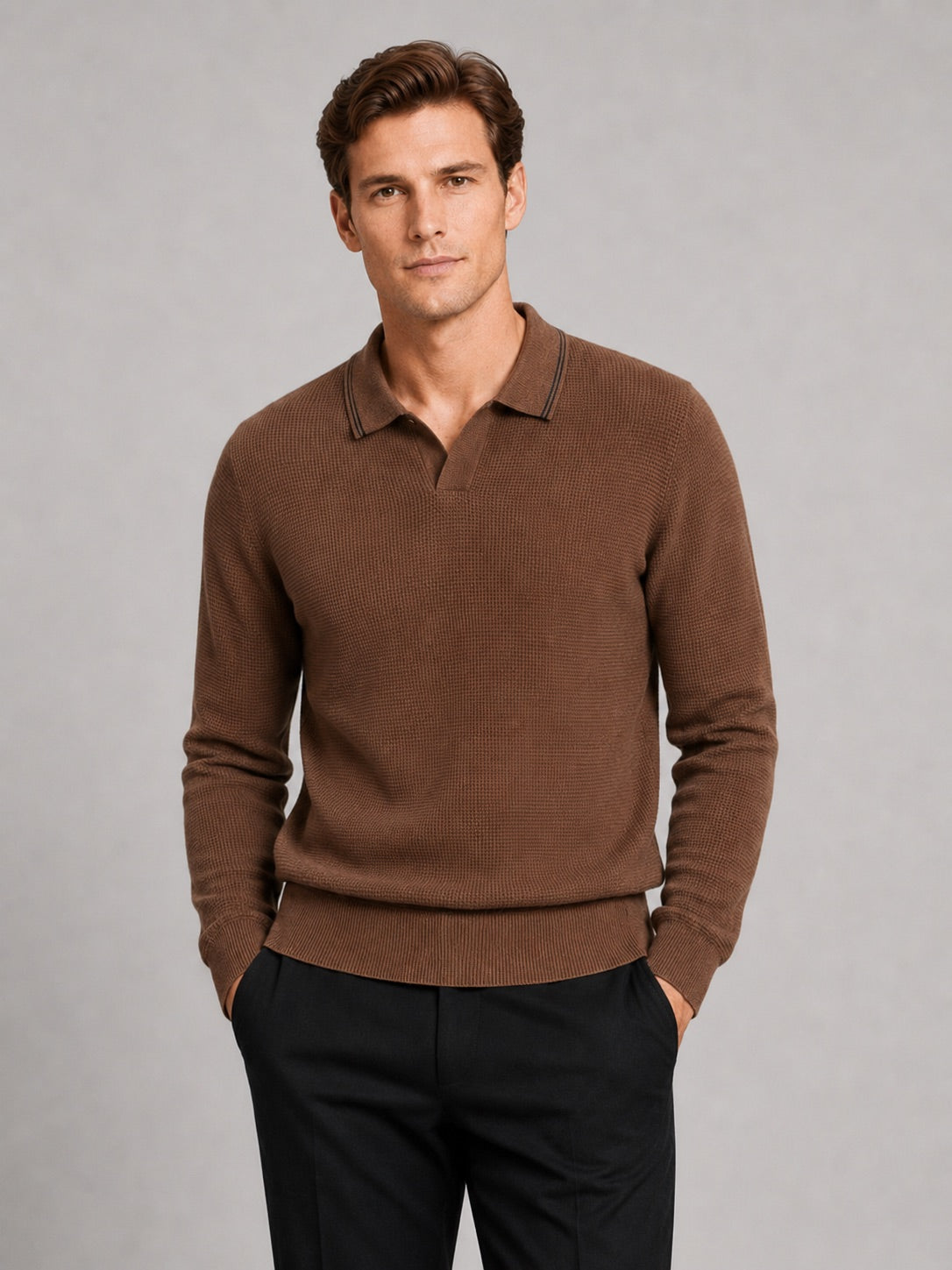 Men’s Wool Johnny Collar Polo Jumper Long Sleeve Knit Autumn Winter Top for Business Casual and Everyday Wear