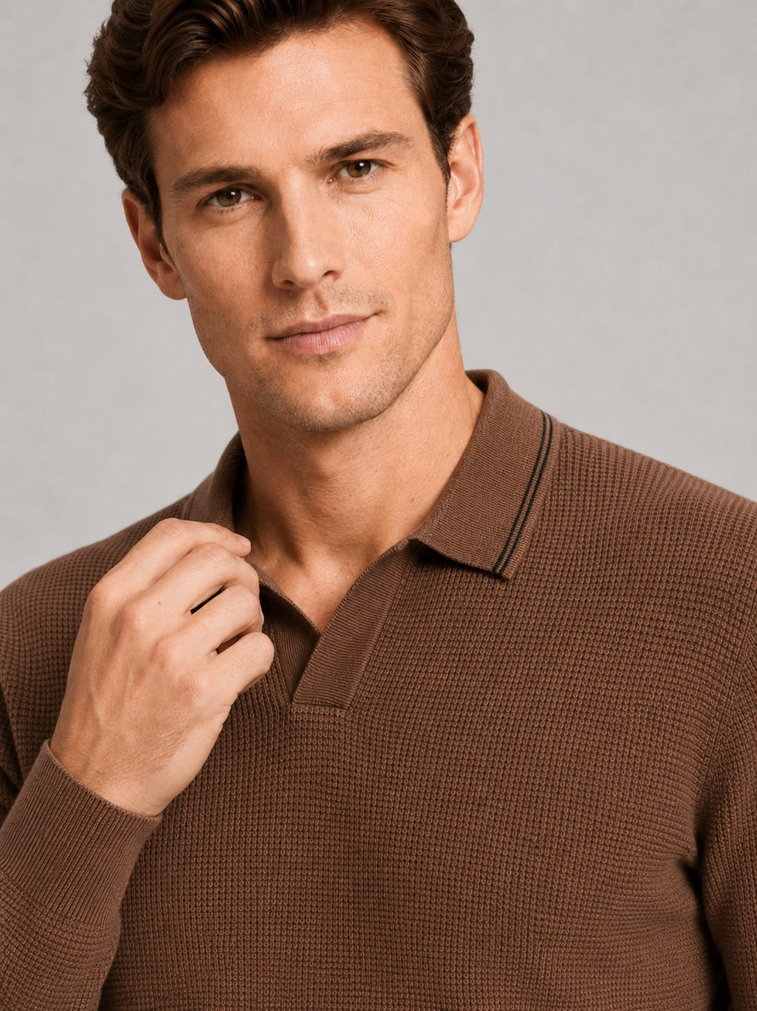 Men’s Wool Johnny Collar Polo Jumper Long Sleeve Knit Autumn Winter Top for Business Casual and Everyday Wear