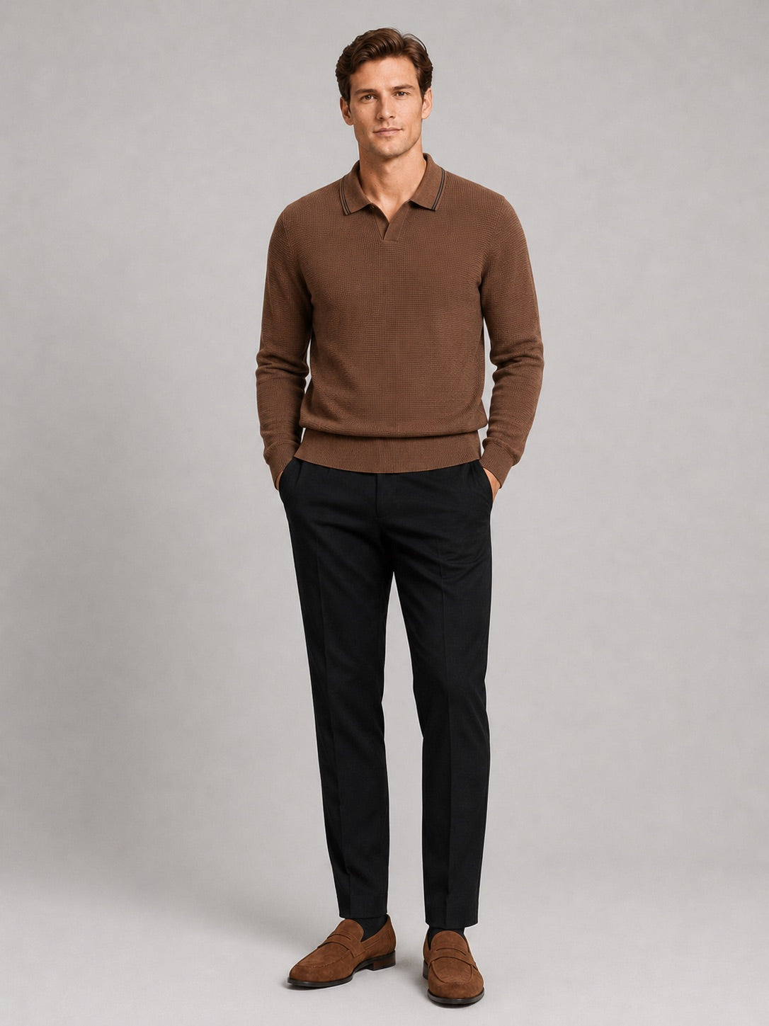 Men’s Wool Johnny Collar Polo Jumper Long Sleeve Knit Autumn Winter Top for Business Casual and Everyday Wear
