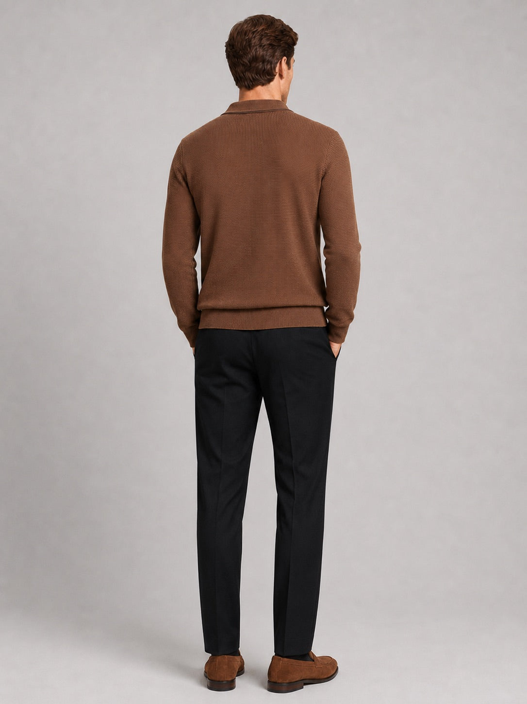 Men’s Wool Johnny Collar Polo Jumper Long Sleeve Knit Autumn Winter Top for Business Casual and Everyday Wear