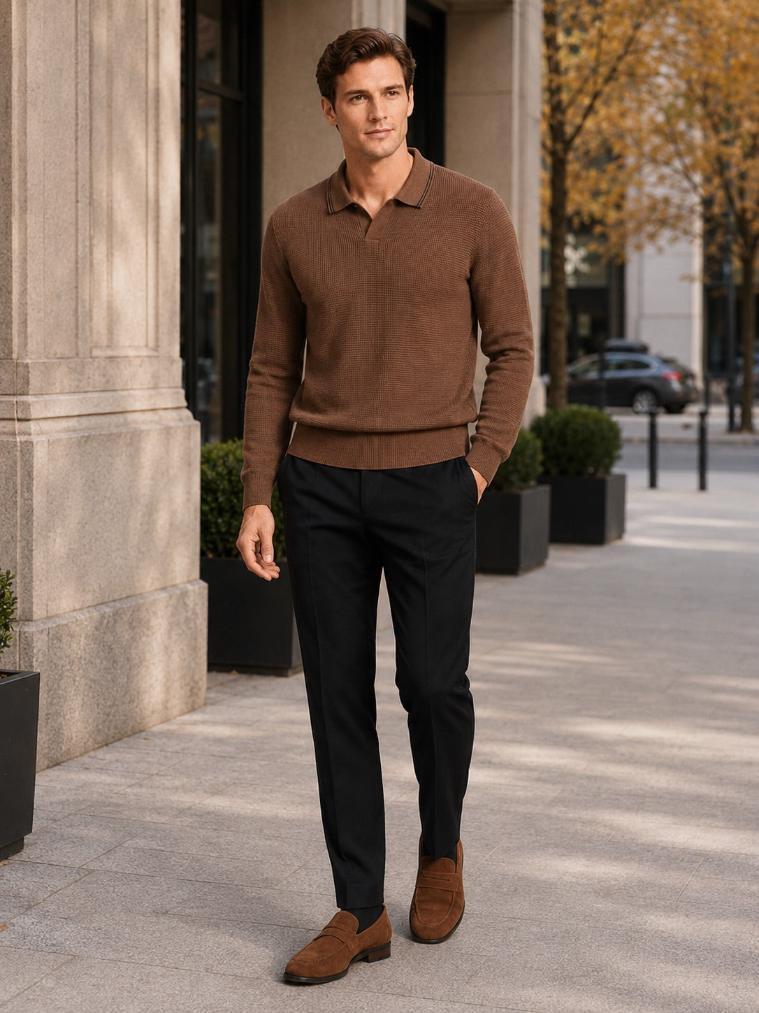 Men’s Wool Johnny Collar Polo Jumper Long Sleeve Knit Autumn Winter Top for Business Casual and Everyday Wear