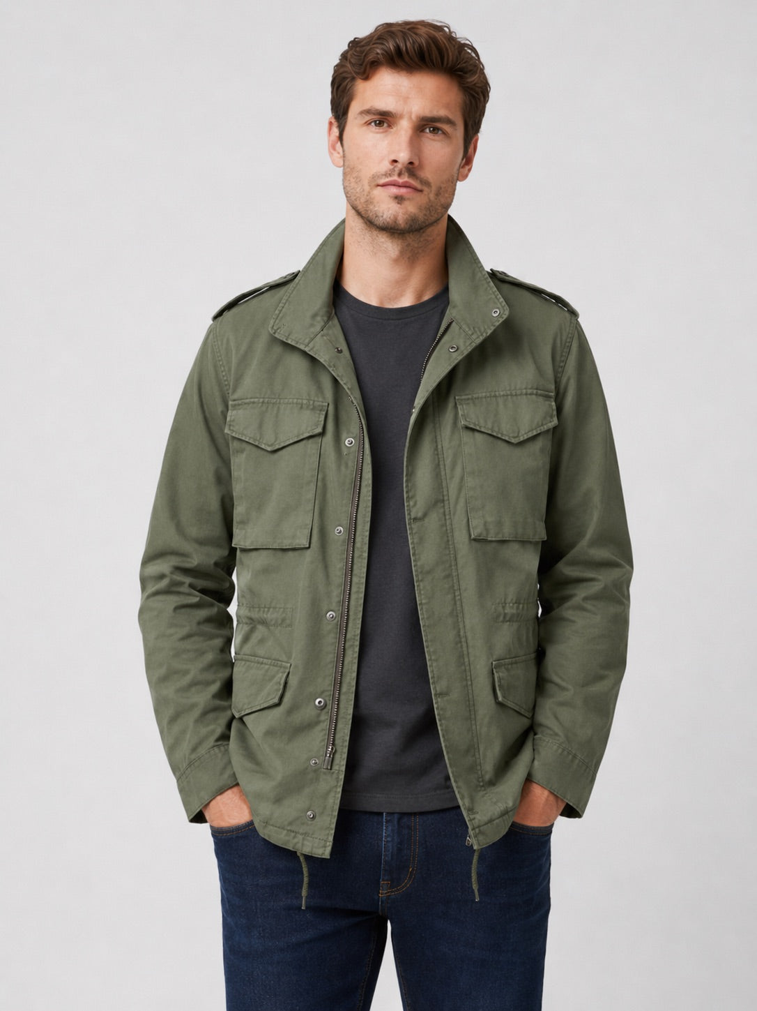Men’s Military Field Jacket 100% Cotton Multi-Pocket Zip-Up Autumn Casual Military Jacket for Outdoor and Everyday Wear