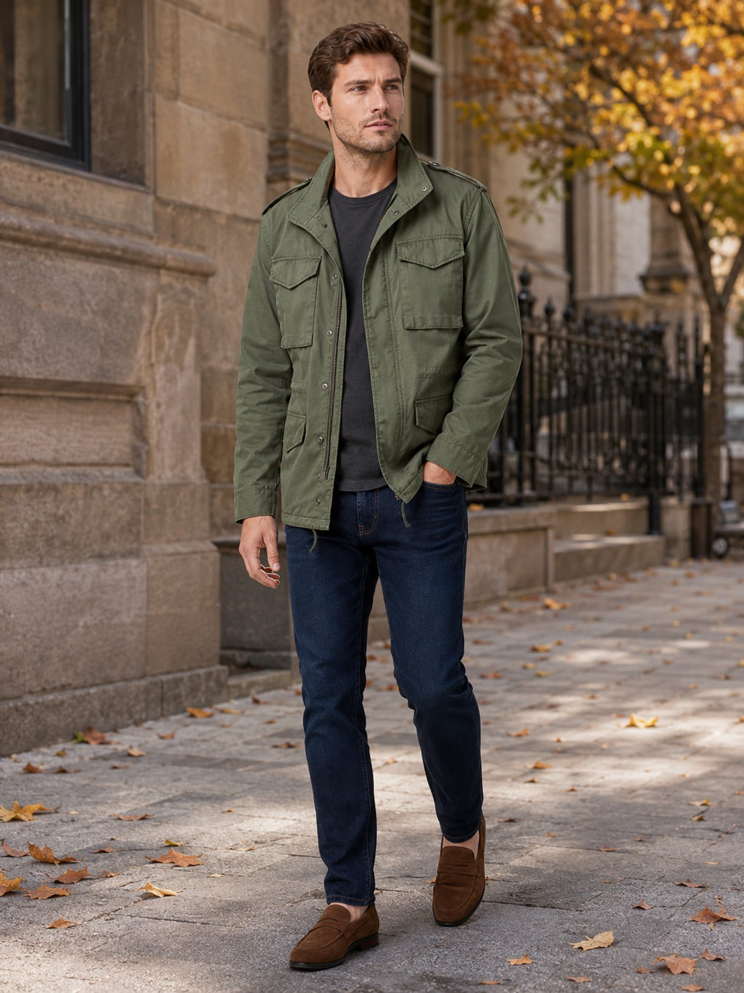 Men’s Military Field Jacket 100% Cotton Multi-Pocket Zip-Up Autumn Casual Military Jacket for Outdoor and Everyday Wear