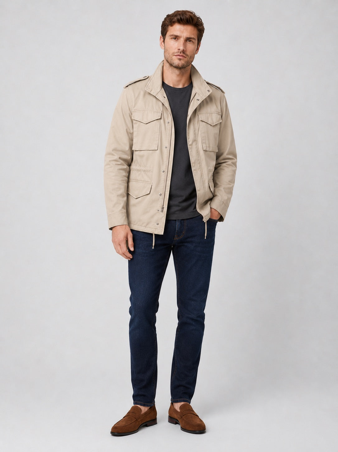 Men’s Military Field Jacket 100% Cotton Multi-Pocket Zip-Up Autumn Casual Military Jacket for Outdoor and Everyday Wear