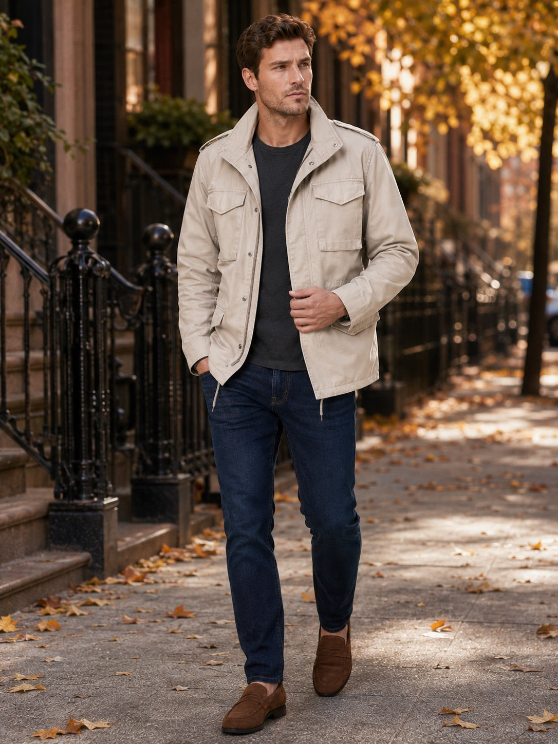 Men’s Military Field Jacket 100% Cotton Multi-Pocket Zip-Up Autumn Casual Military Jacket for Outdoor and Everyday Wear