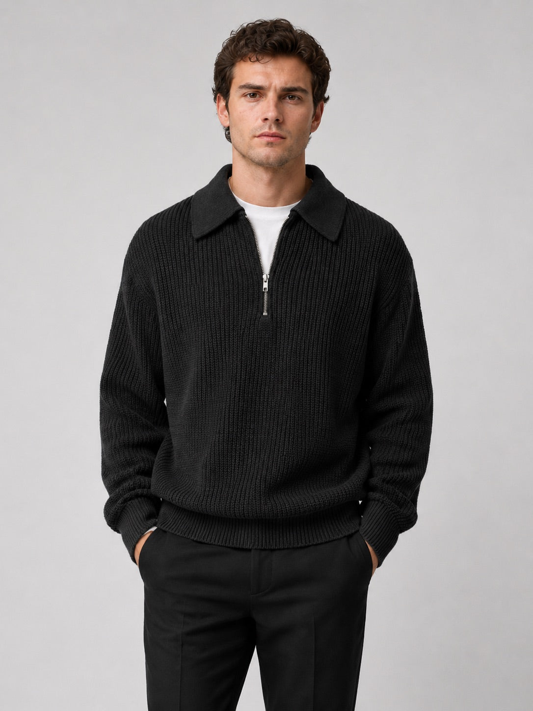 Men’s Quarter Zip Jumper Turn-Down Collar Long Sleeve Polo Loose Fit Autumn Casual Jumper for Everyday Wear