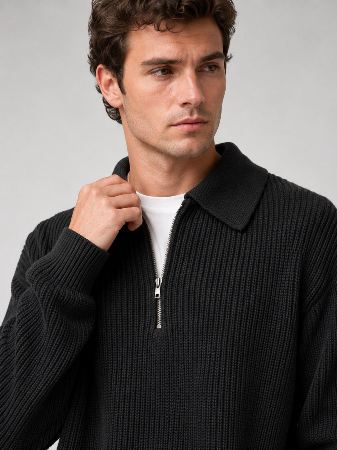 Men’s Quarter Zip Jumper Turn-Down Collar Long Sleeve Polo Loose Fit Autumn Casual Jumper for Everyday Wear
