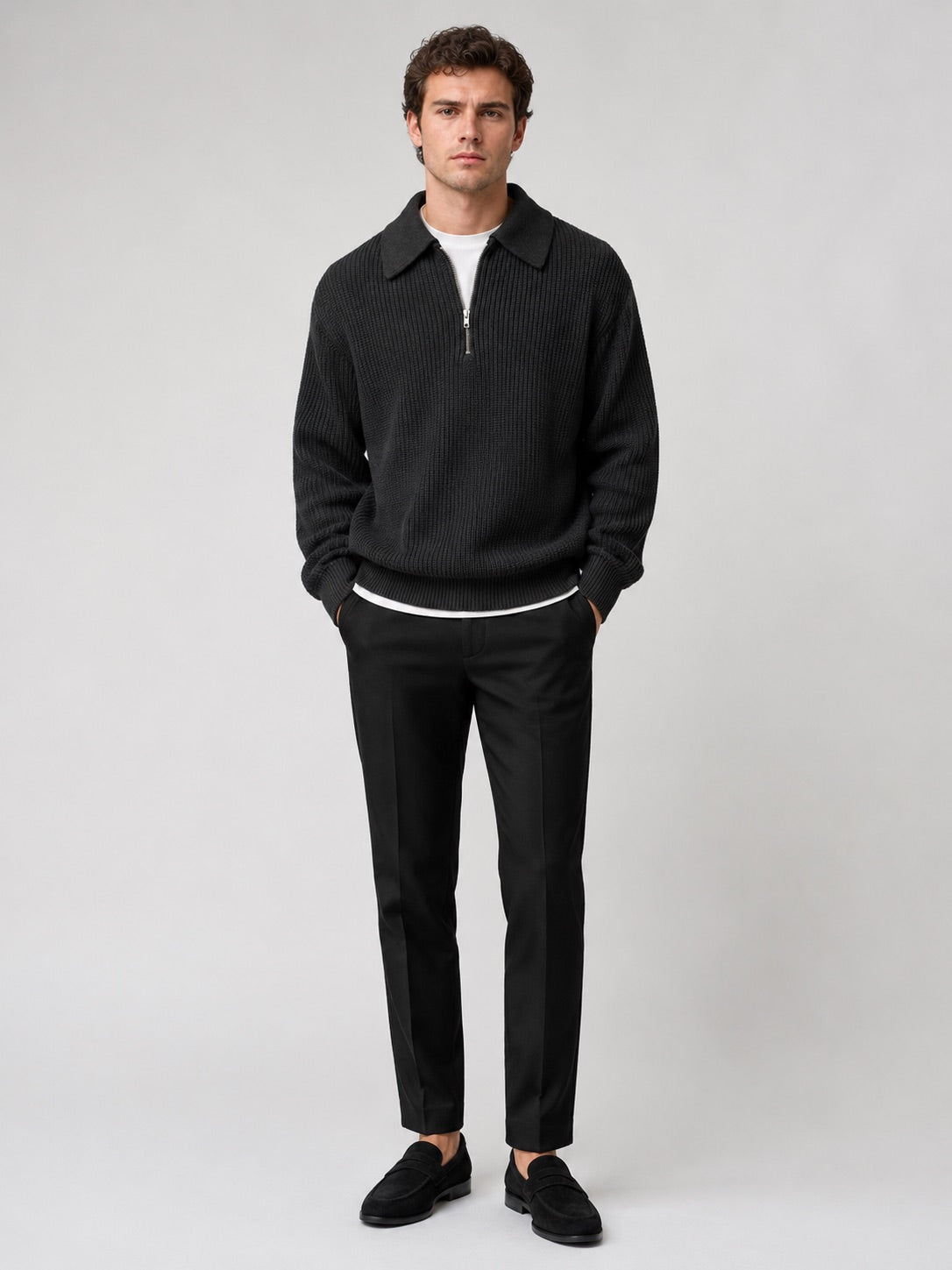 Men’s Quarter Zip Jumper Turn-Down Collar Long Sleeve Polo Loose Fit Autumn Casual Jumper for Everyday Wear