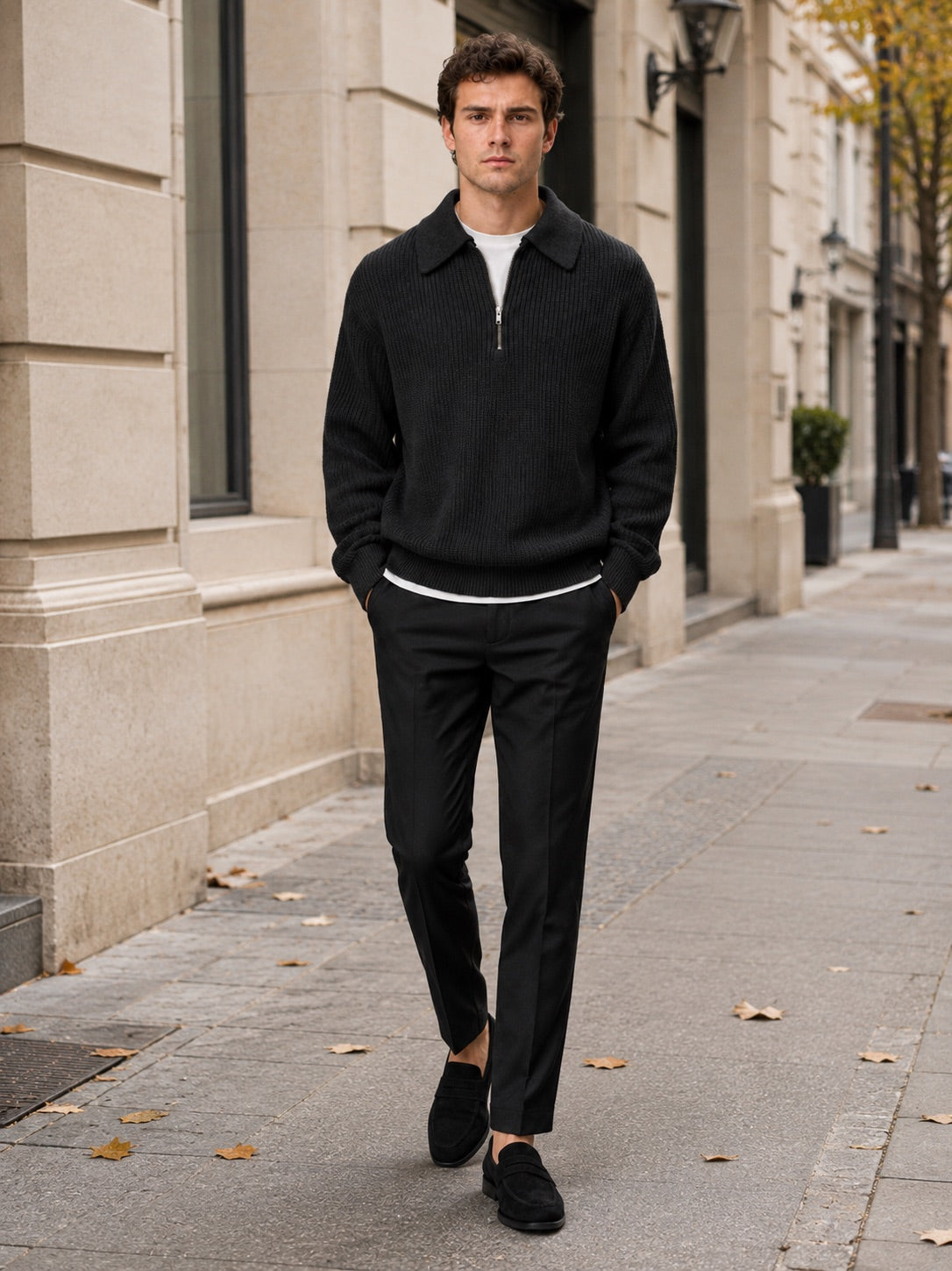 Men’s Quarter Zip Jumper Turn-Down Collar Long Sleeve Polo Loose Fit Autumn Casual Jumper for Everyday Wear
