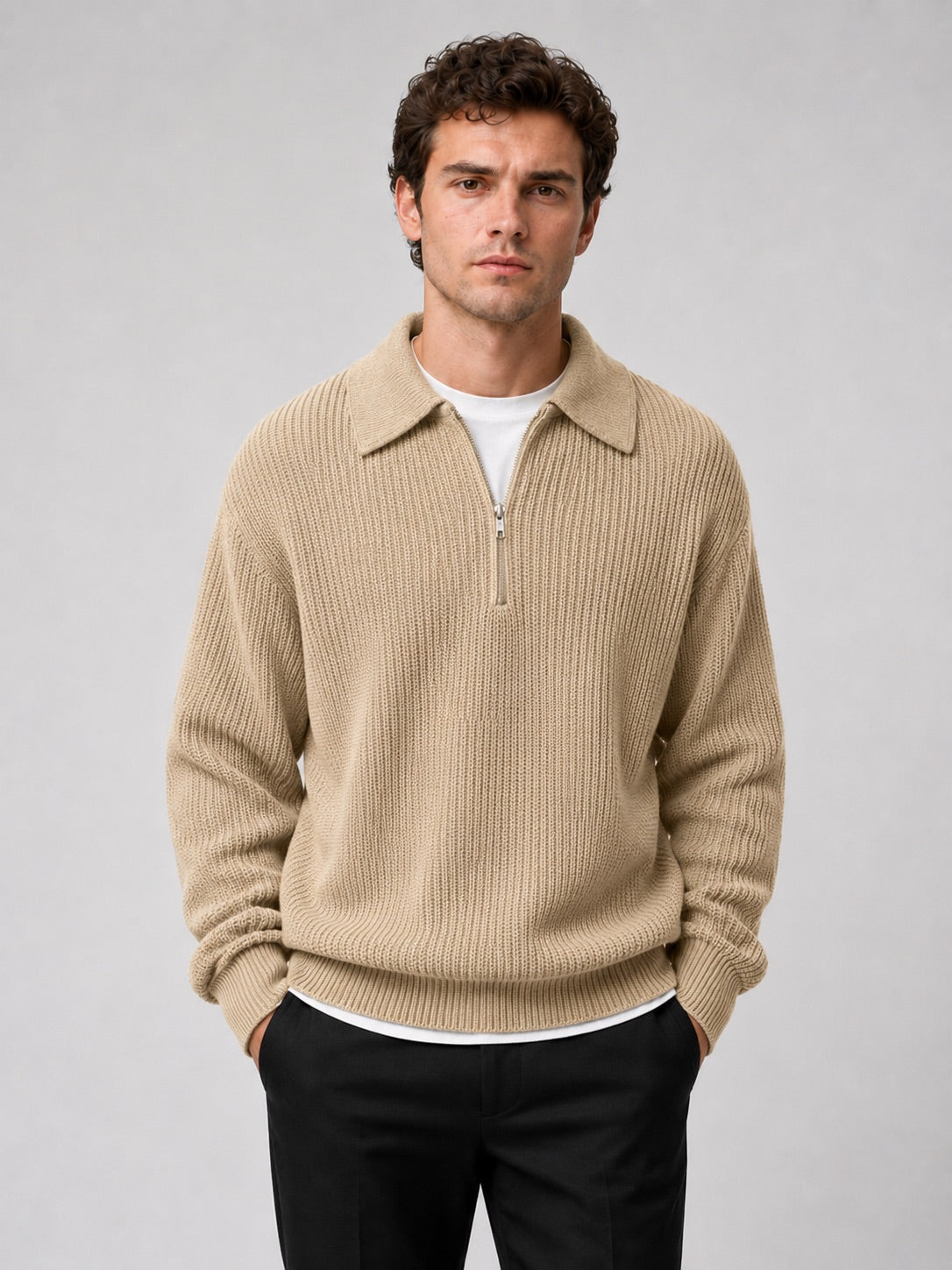 Men’s Quarter Zip Jumper Turn-Down Collar Long Sleeve Polo Loose Fit Autumn Casual Jumper for Everyday Wear