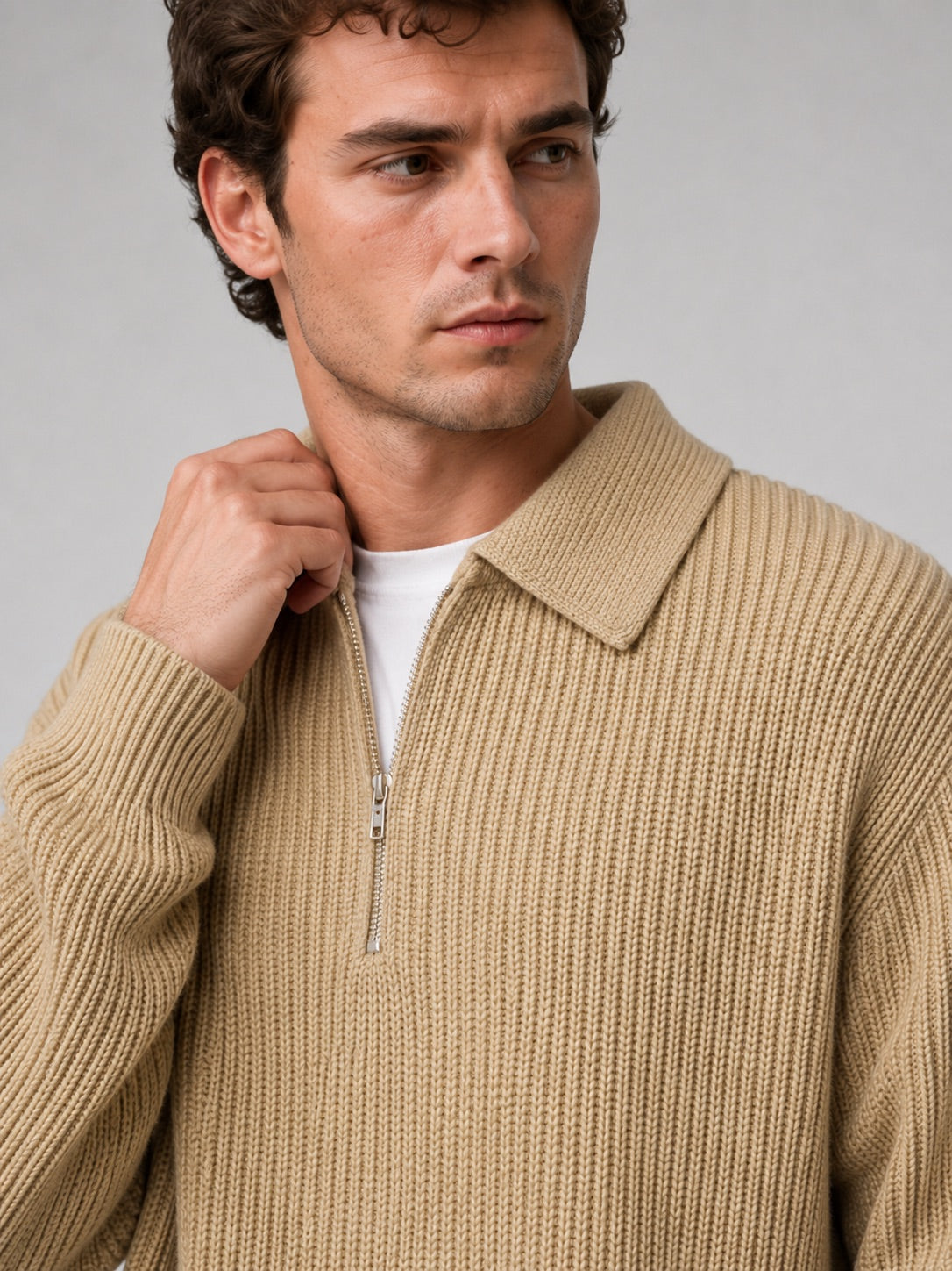 Men’s Quarter Zip Jumper Turn-Down Collar Long Sleeve Polo Loose Fit Autumn Casual Jumper for Everyday Wear