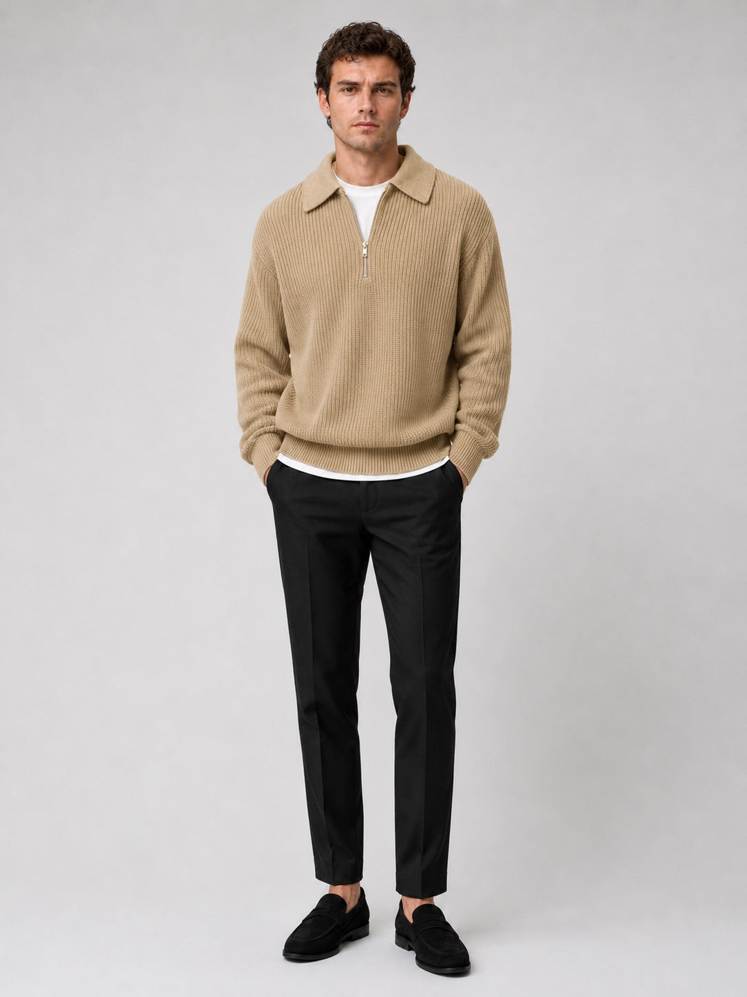 Men’s Quarter Zip Jumper Turn-Down Collar Long Sleeve Polo Loose Fit Autumn Casual Jumper for Everyday Wear