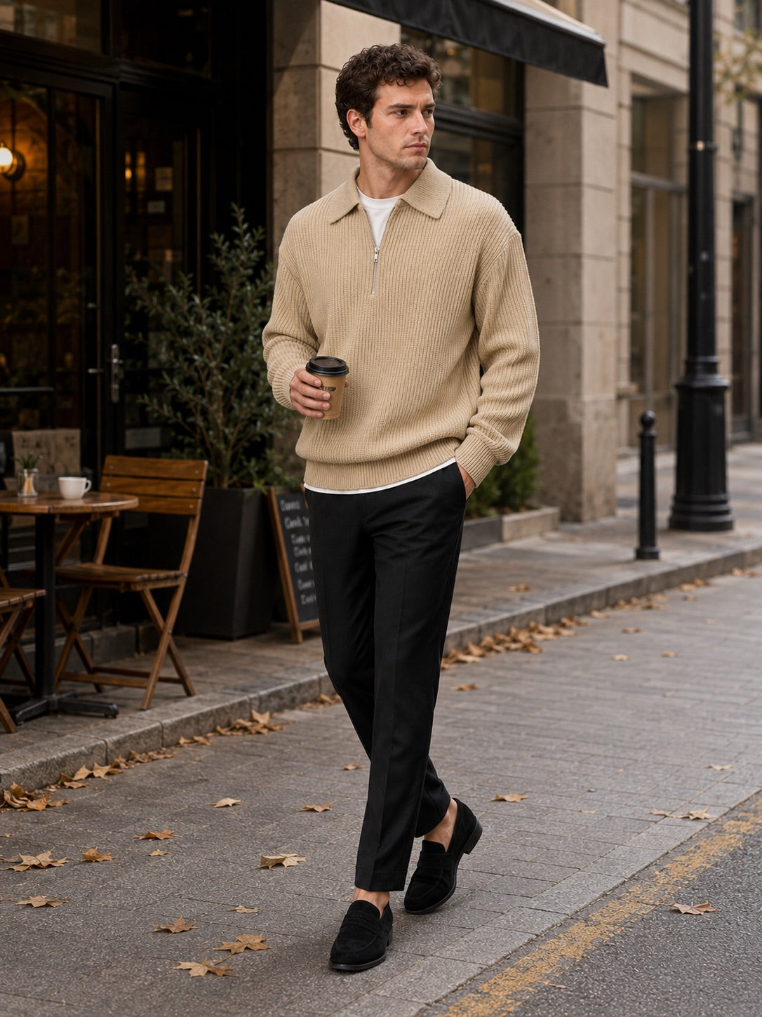 Men’s Quarter Zip Jumper Turn-Down Collar Long Sleeve Polo Loose Fit Autumn Casual Jumper for Everyday Wear