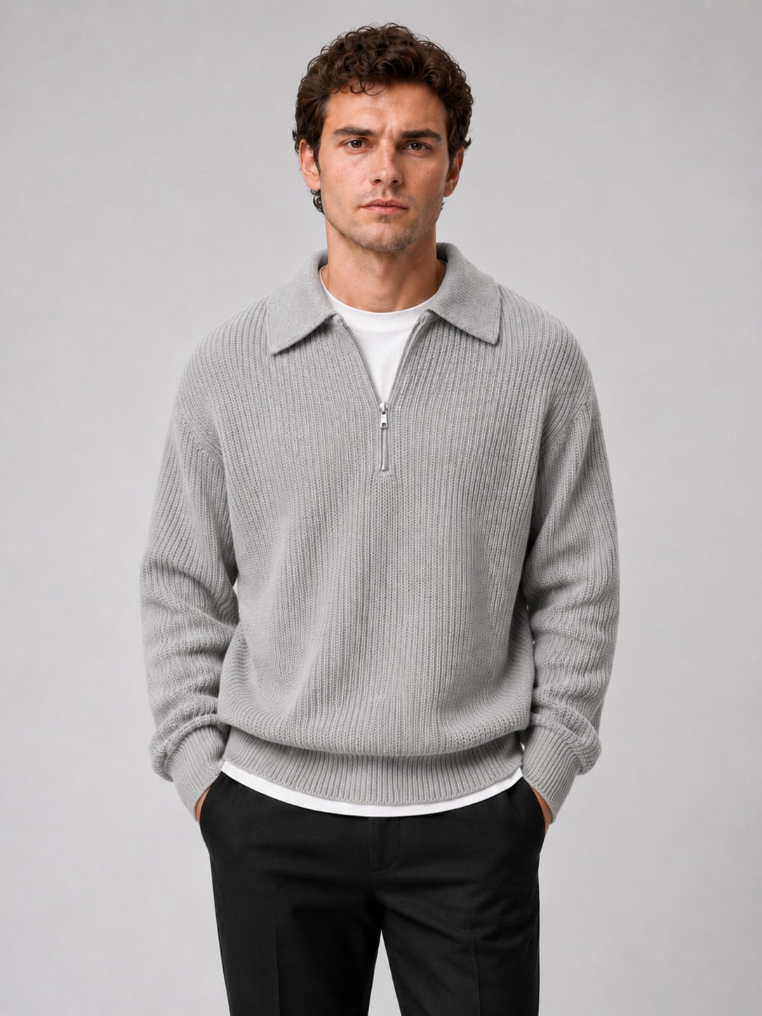 Men’s Quarter Zip Jumper Turn-Down Collar Long Sleeve Polo Loose Fit Autumn Casual Jumper for Everyday Wear
