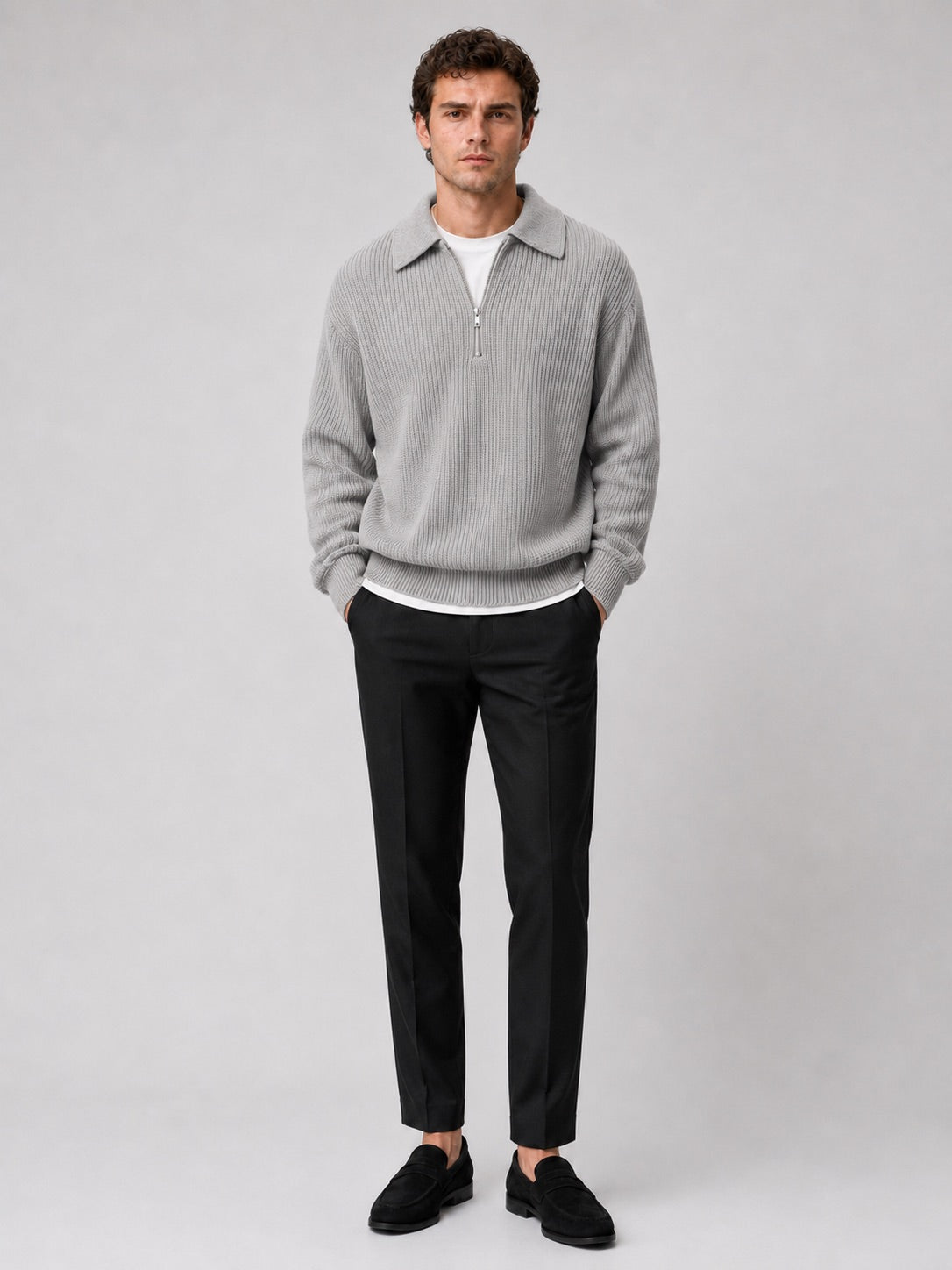 Men’s Quarter Zip Jumper Turn-Down Collar Long Sleeve Polo Loose Fit Autumn Casual Jumper for Everyday Wear