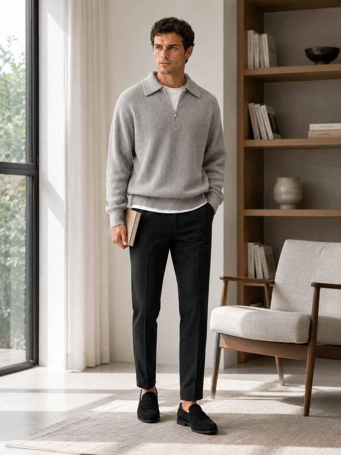 Men’s Quarter Zip Jumper Turn-Down Collar Long Sleeve Polo Loose Fit Autumn Casual Jumper for Everyday Wear