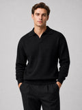 Men’s Knit Johnny Collar Long Sleeve Polo V-Neck Turn-Down Collar Autumn Casual Jumper for Business Casual and Everyday Wear