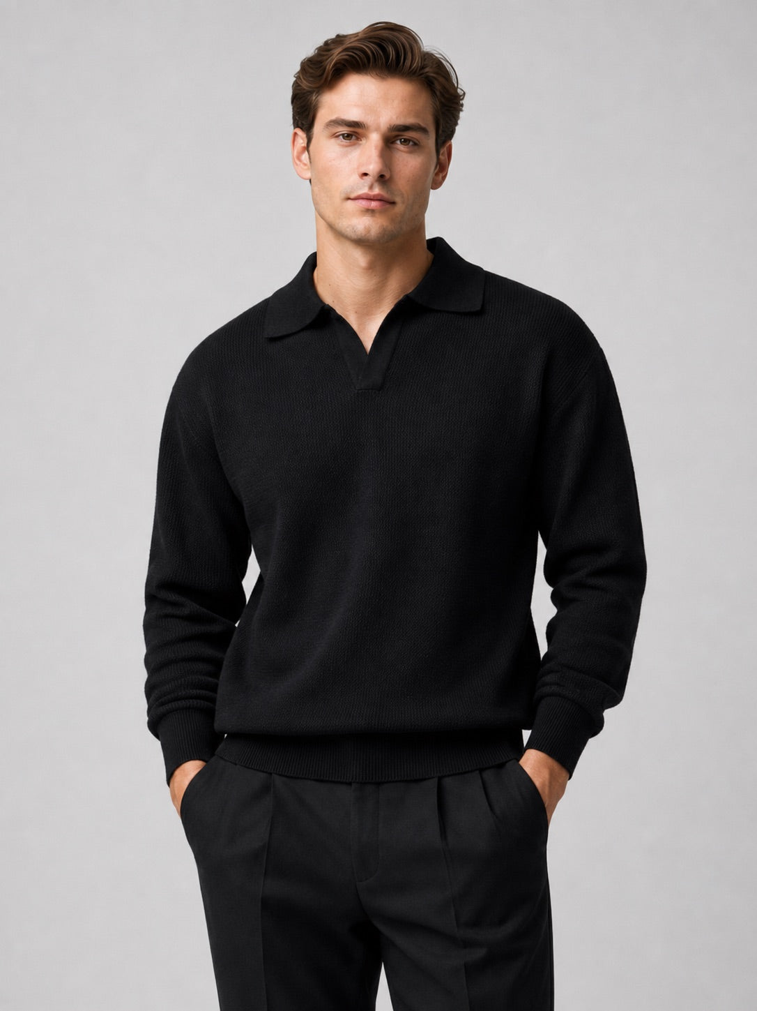 Men’s Knit Johnny Collar Long Sleeve Polo V-Neck Turn-Down Collar Autumn Casual Jumper for Business Casual and Everyday Wear