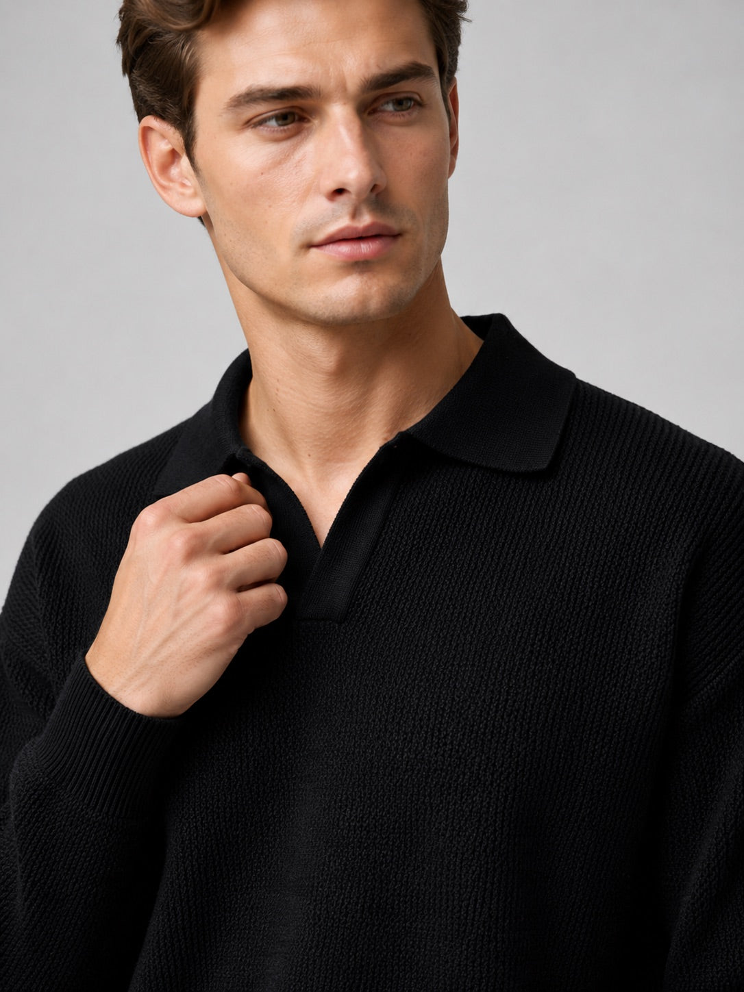 Men’s Knit Johnny Collar Long Sleeve Polo V-Neck Turn-Down Collar Autumn Casual Jumper for Business Casual and Everyday Wear