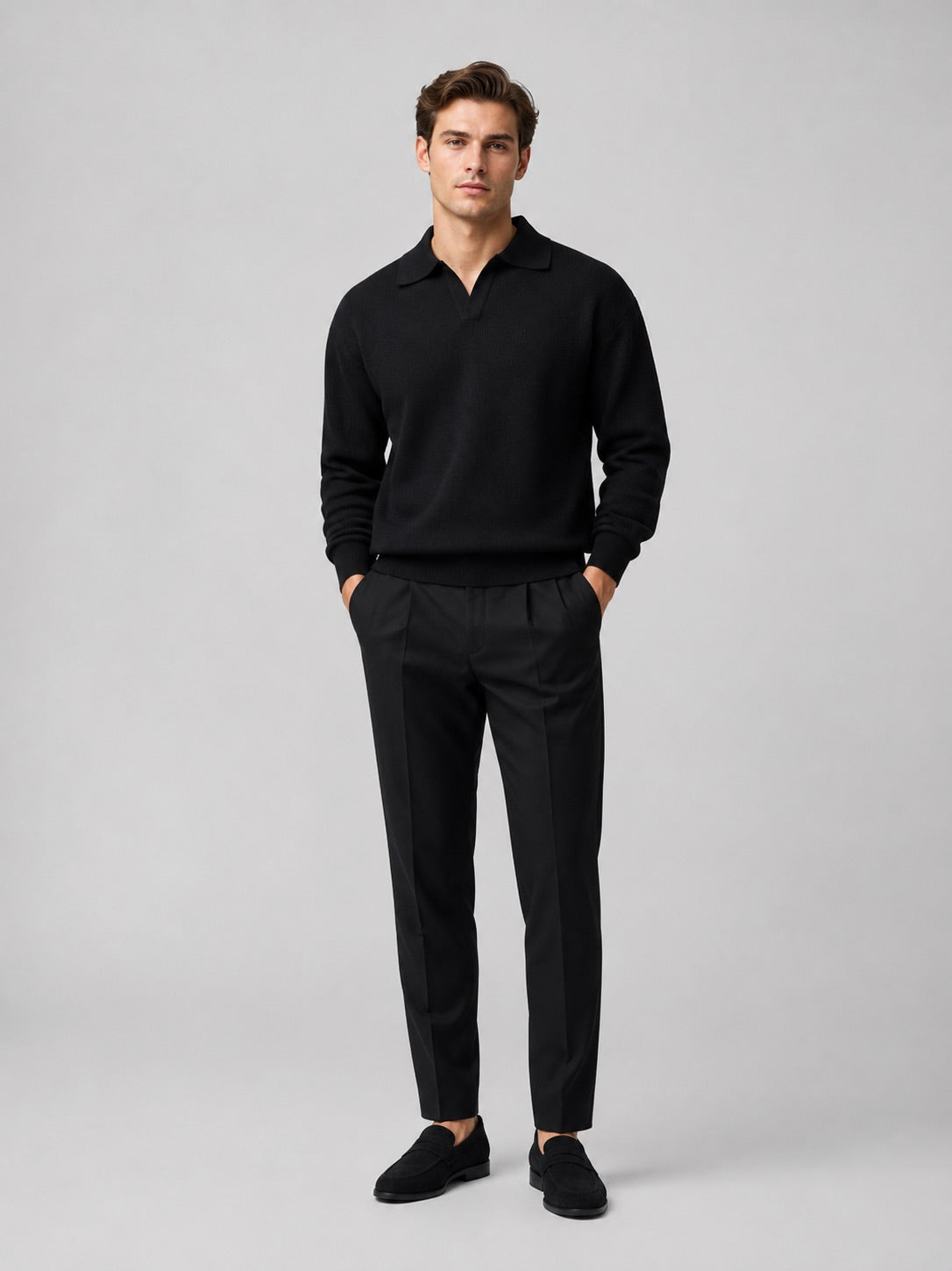 Men’s Knit Johnny Collar Long Sleeve Polo V-Neck Turn-Down Collar Autumn Casual Jumper for Business Casual and Everyday Wear