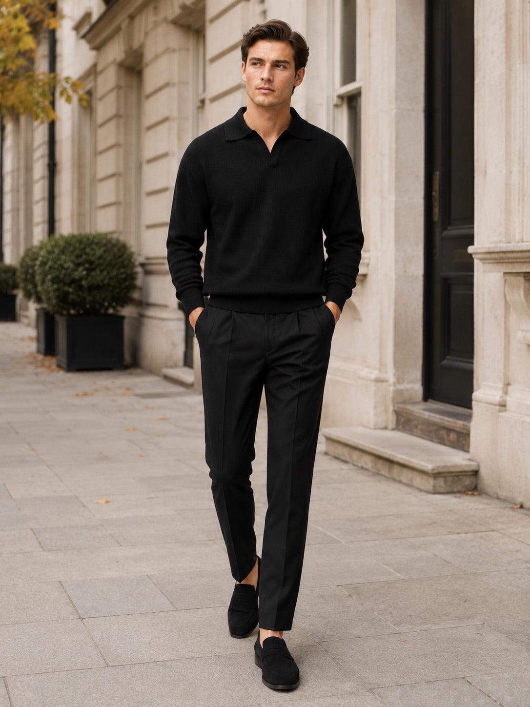 Men’s Knit Johnny Collar Long Sleeve Polo V-Neck Turn-Down Collar Autumn Casual Jumper for Business Casual and Everyday Wear