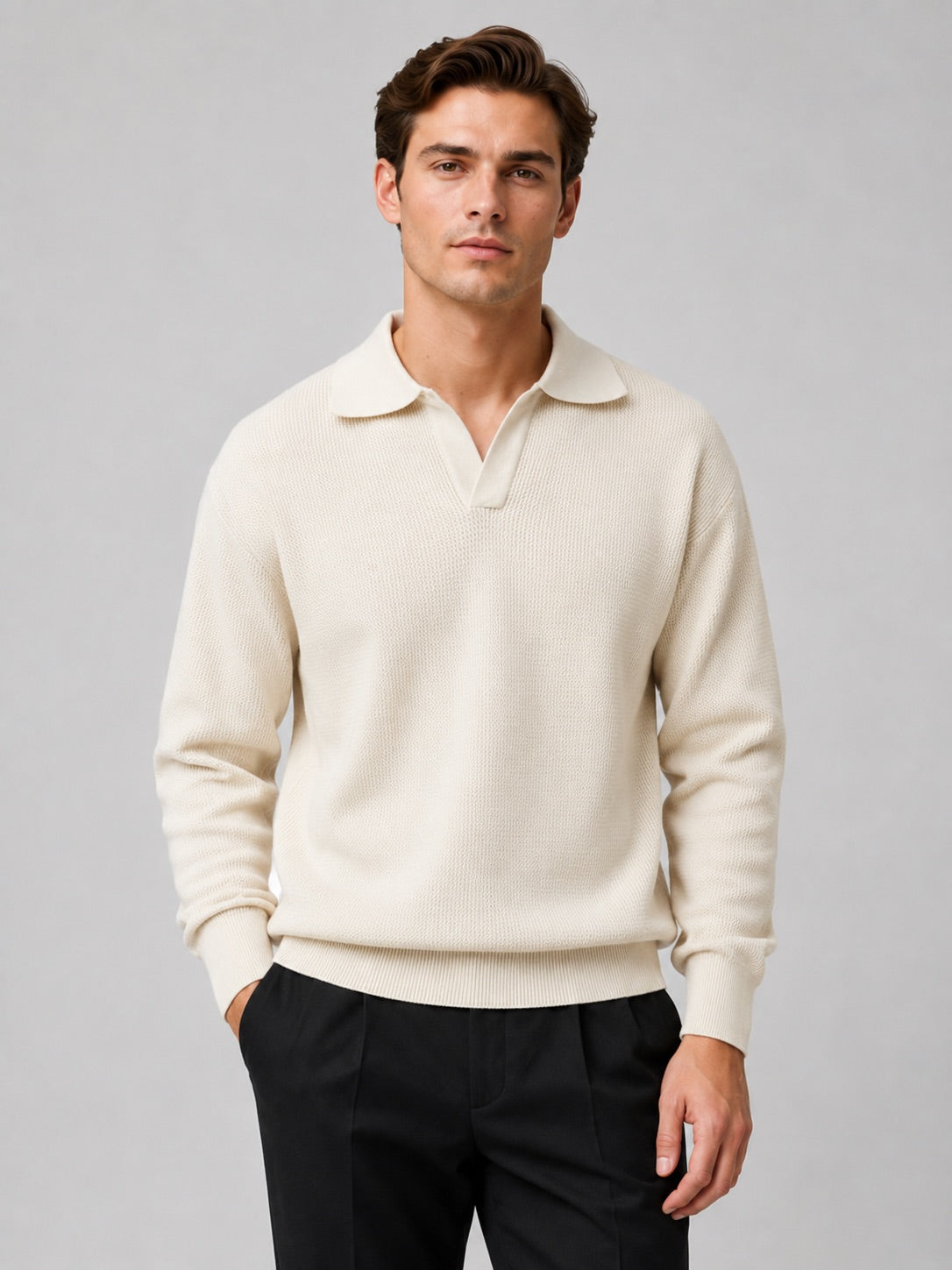 Men’s Knit Johnny Collar Long Sleeve Polo V-Neck Turn-Down Collar Autumn Casual Jumper for Business Casual and Everyday Wear