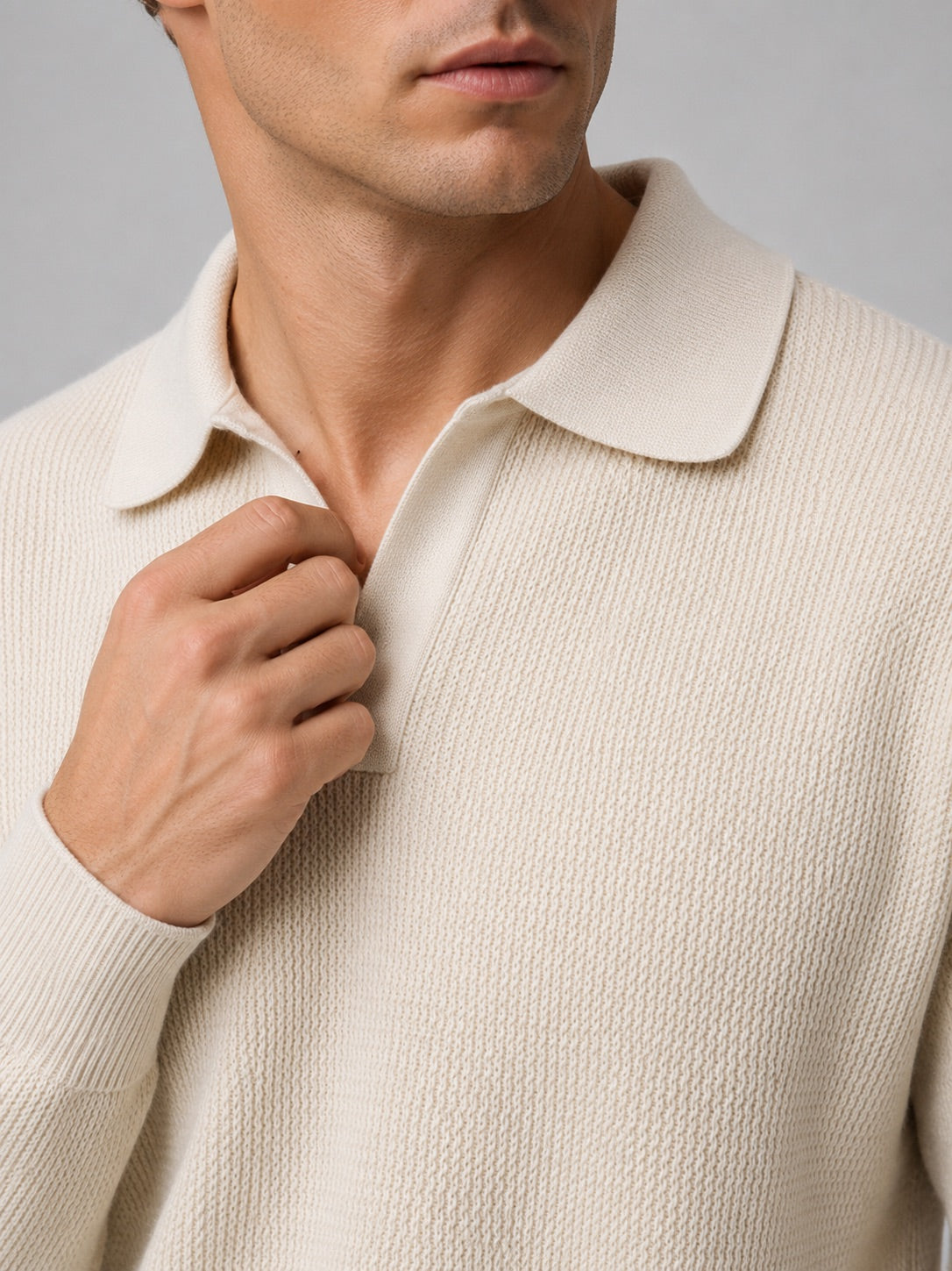 Men’s Knit Johnny Collar Long Sleeve Polo V-Neck Turn-Down Collar Autumn Casual Jumper for Business Casual and Everyday Wear